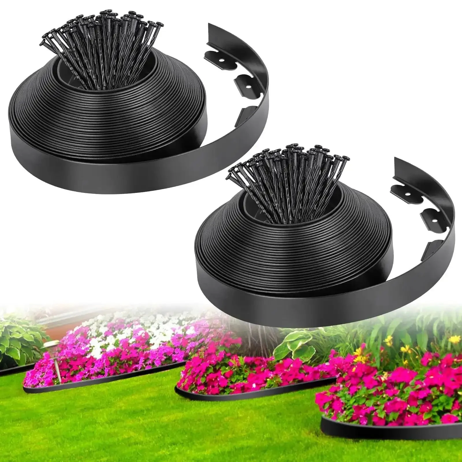 2 Inch Landscape Edging Border Kit With 100 Anchoring Spikes, 66 Foot Flexible Plastic Edge For Garden Beds Lawns Pavers And Pathways, Easy No Digging Install, Durable Weather Ready Black