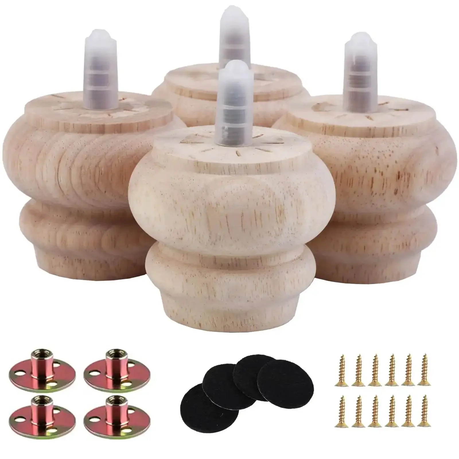 2 Inch Wooden Unfinished Bun Feet For Furniture Set Of 4 Pre Drilled M8 Bolts Dresser Couch Sofa Cabinet Ottoman DIY Replacement Smooth Sanded Unpainted Top Diameter 2.3 Inches Bottom Diameter 1.3 Inches