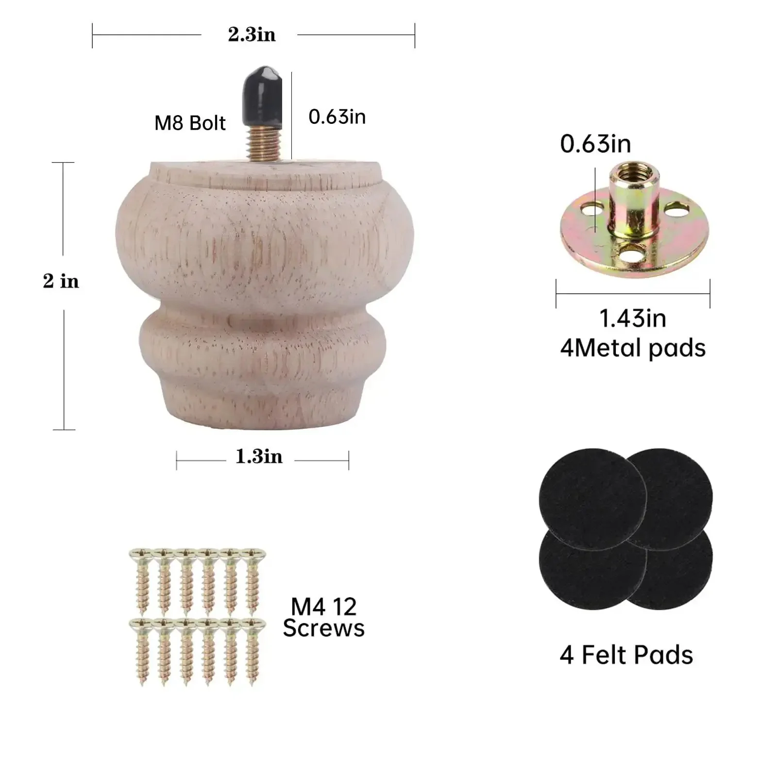 2 Inch Wooden Unfinished Bun Feet For Furniture Set Of 4 Pre Drilled M8 Bolts Dresser Couch Sofa Cabinet Ottoman DIY Replacement Smooth Sanded Unpainted Top Diameter 2.3 Inches Bottom Diameter 1.3 Inches - Image 6