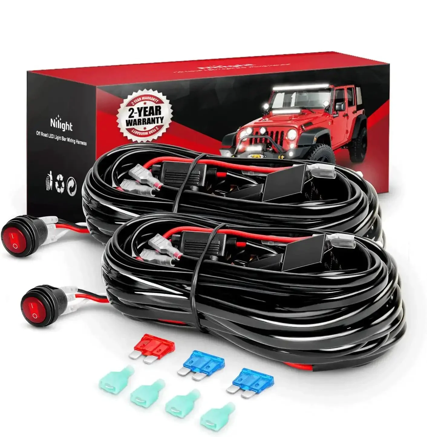 2 Pack 16AWG LED Light Bar Wiring Harness Kit With 2 Leads 12V On Off Switch Power Relay And Blade Fuse For Off Road Lights And LED Work Light Universal Fit For Cars Boats And More Illuminated 3 Pin Rocker Switch 2 Years Warranty