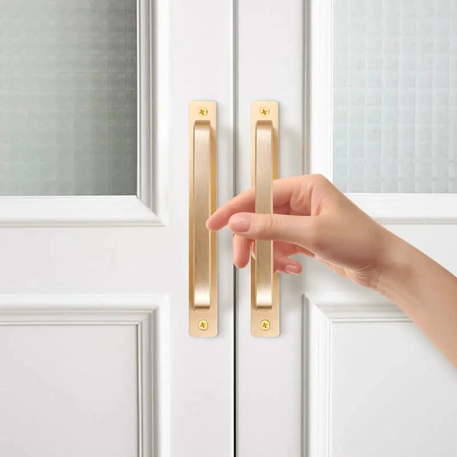 2 Pack Barn Door Handles for Cabinets and Drawers, Aluminum Alloy Flush Flat Base Pulls in Gold, Sleek Sliding Barn Door Style, 7.56 Inch Center Hole, 8.27 x 0.98 x 1.34 Inch, Includes 4 Screws - Image 4
