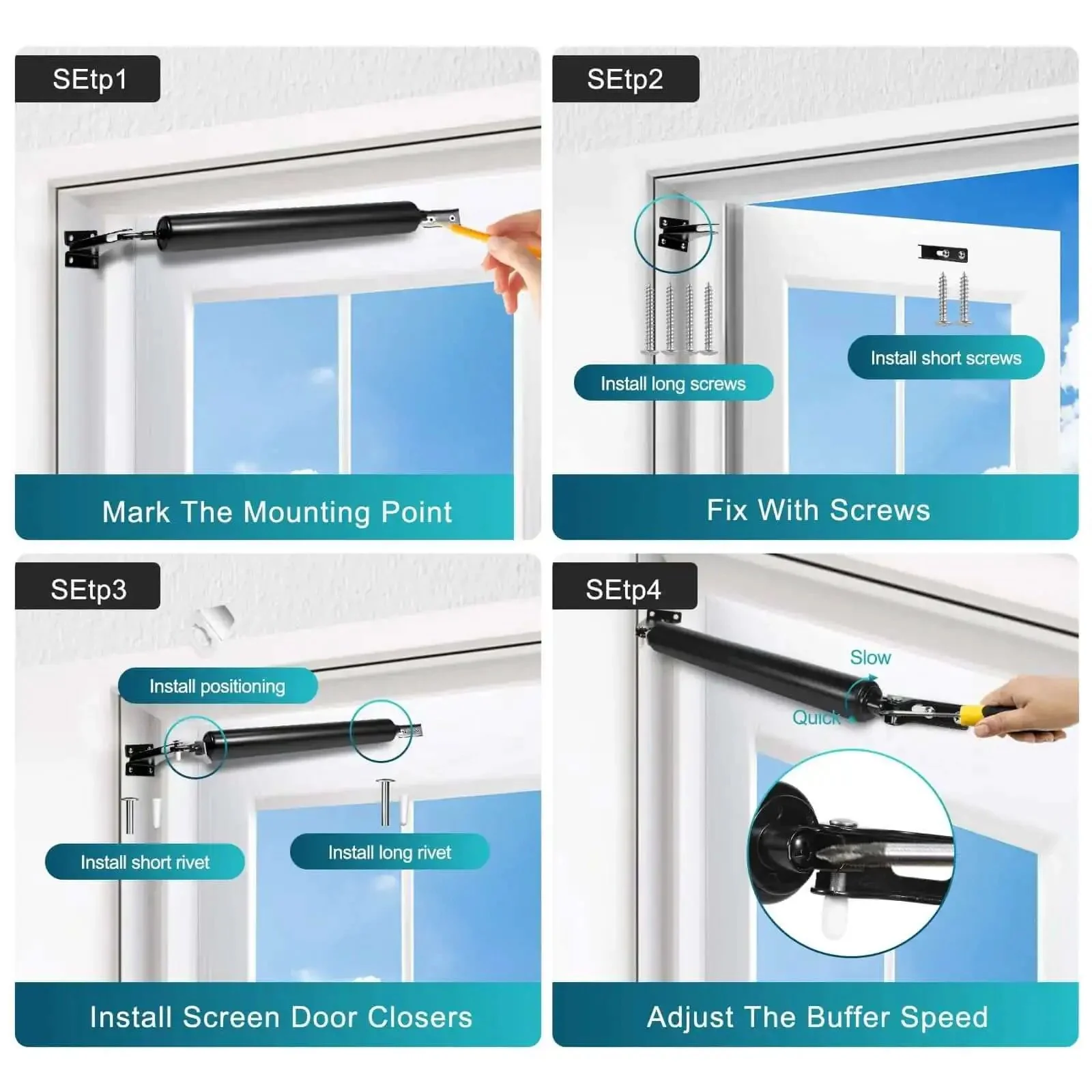 2 Pack Black Screen Door Closers, Heavy Duty Storm Door Closer Set With Adjustable Pneumatic Cushion, Smooth Quiet Close, Aluminum Alloy Body, Rust Resistant, Fits Most Screen And Security Doors - Image 2