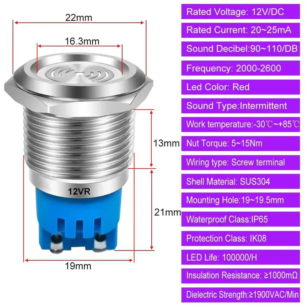 2 Pack DC 12V 19mm Waterproof IP65 Red LED Flash Indicator Light With Buzzer 90dB Alarm Built Tough Stainless Steel Panel Mount For Electrical Control Panels And DIY Projects - Image 2