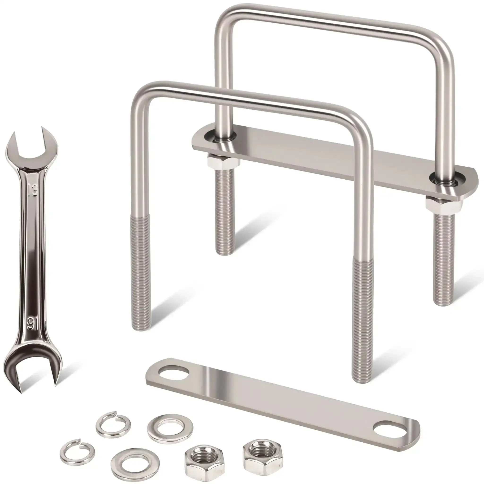 2 Pack M10 Square U Bolts 4 Inch Wide Stainless Steel Heavy Duty With Nuts, Bolt Plates And Washers, 3 Eighth Inch Thread, 4 W X 5 L U Bolt Kit For Rails, Fence, Trailer Chassis, Marine Use