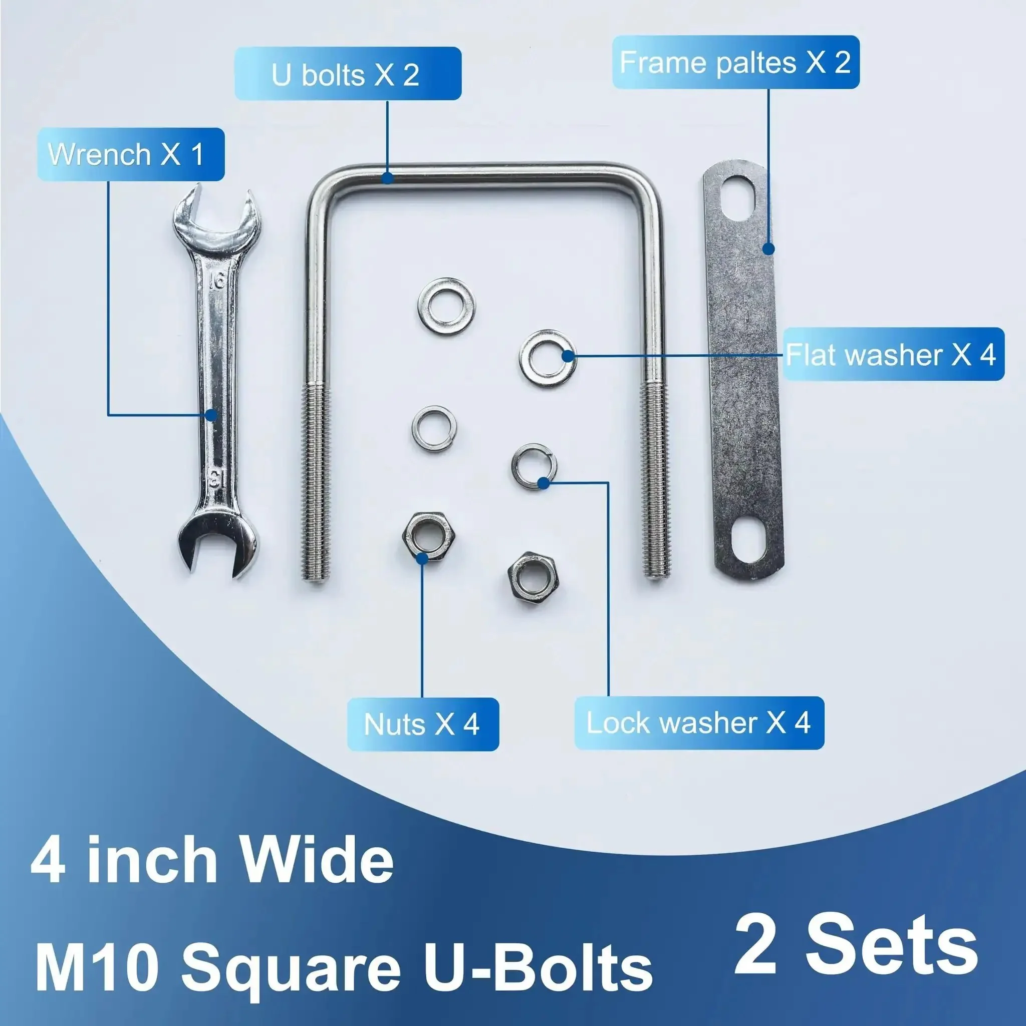 2 Pack M10 Square U Bolts 4 Inch Wide Stainless Steel Heavy Duty With Nuts, Bolt Plates And Washers, 3 Eighth Inch Thread, 4 W X 5 L U Bolt Kit For Rails, Fence, Trailer Chassis, Marine Use - Image 6