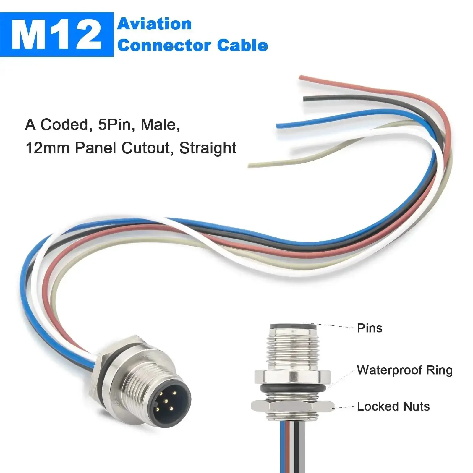 2 Pack M12 A Coded 5 Pin Male Aviation Panel Mount Connector Cable IP67 Waterproof Back Mount Unshielded Straight Socket Sensor Cable for Your Panel Setup - Image 2