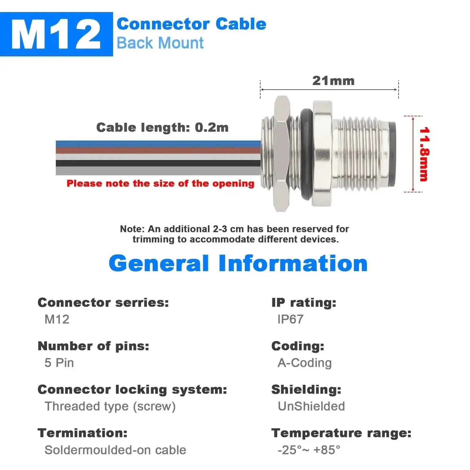 2 Pack M12 A Coded 5 Pin Male Aviation Panel Mount Connector Cable IP67 Waterproof Back Mount Unshielded Straight Socket Sensor Cable for Your Panel Setup - Image 3
