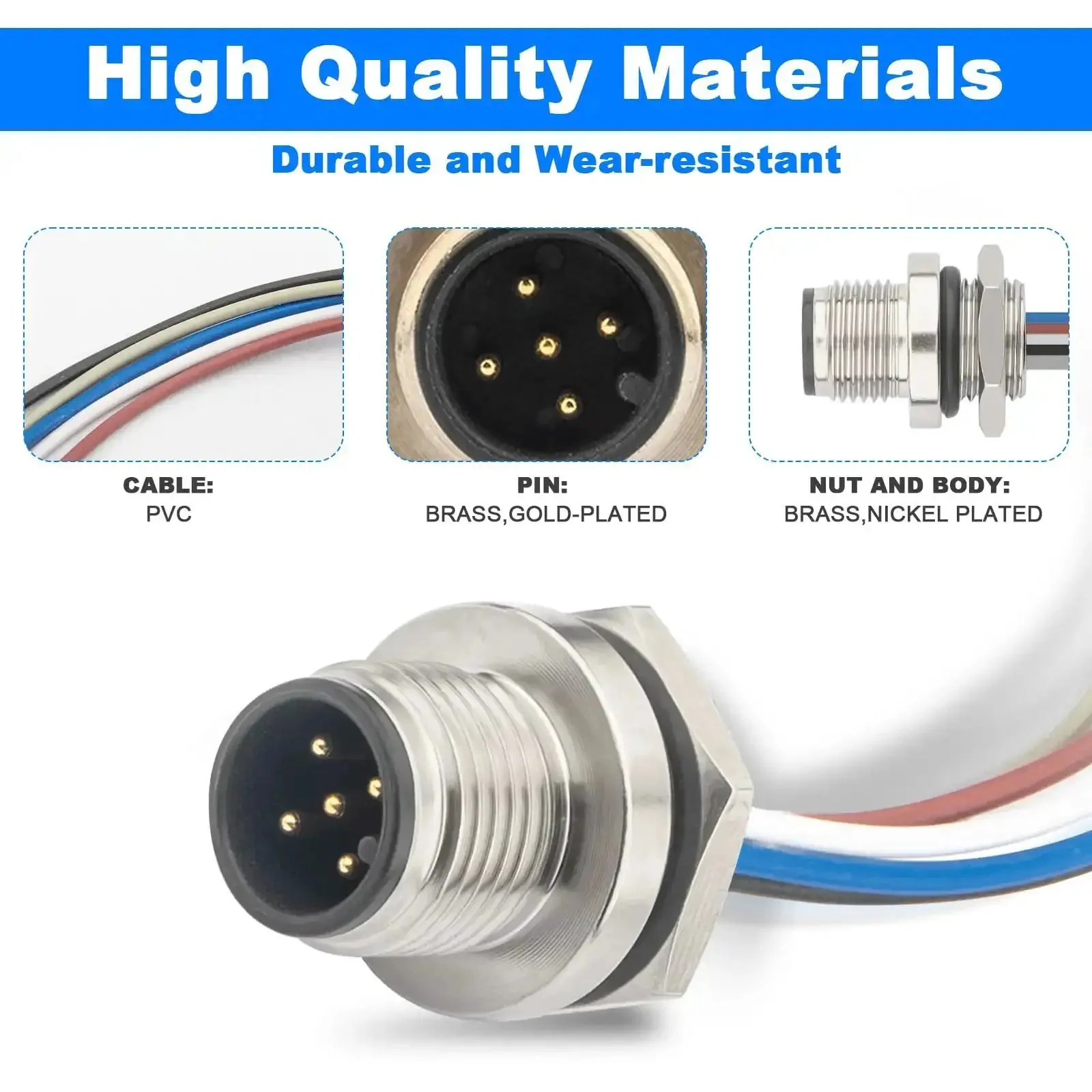 2 Pack M12 A Coded 5 Pin Male Aviation Panel Mount Connector Cable IP67 Waterproof Back Mount Unshielded Straight Socket Sensor Cable for Your Panel Setup - Image 7