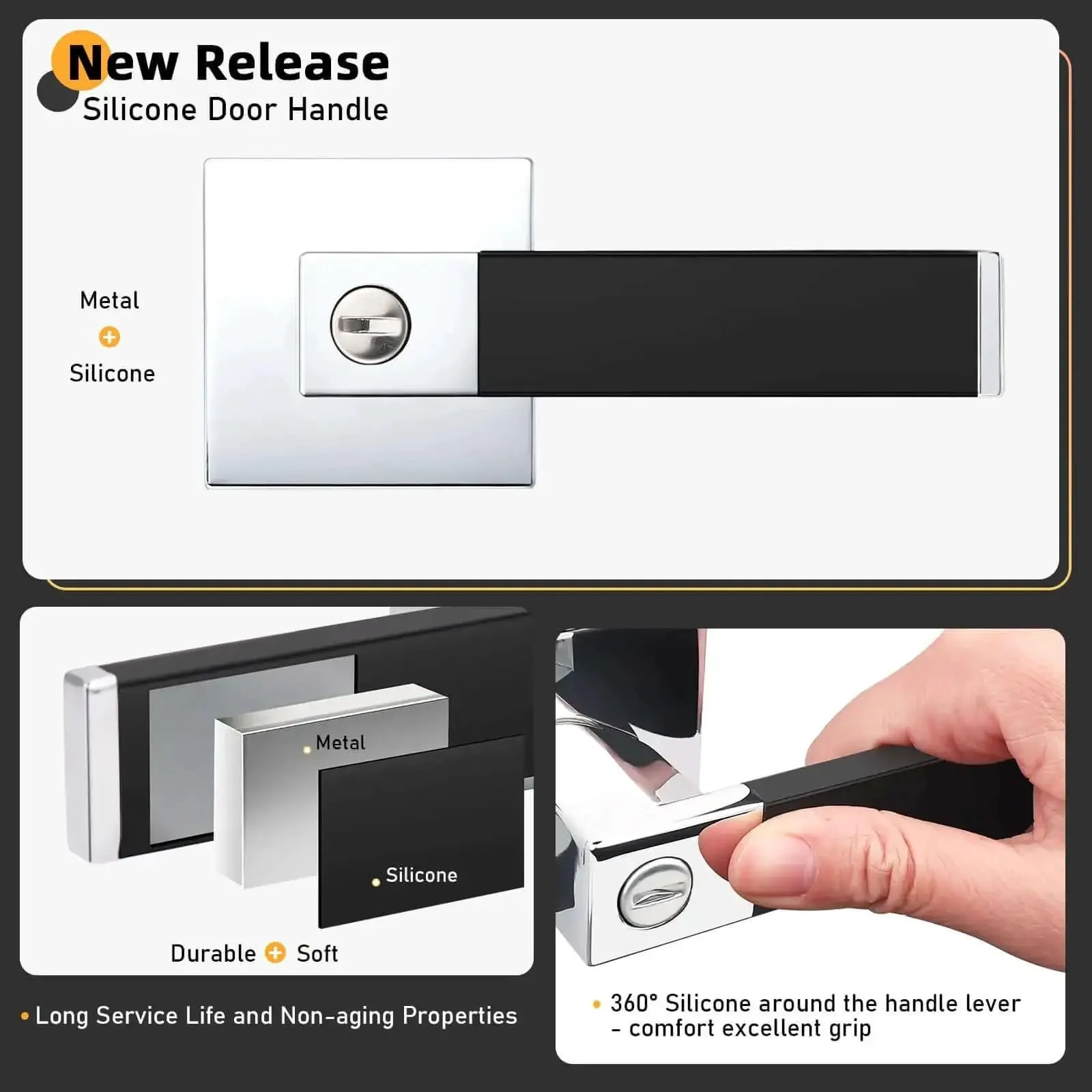 2 Pack No Hassle Modern Soft Black Silicone Door Handles With Privacy Bedroom Levers And Polished Chrome Knobs Heavy Duty Reversible Keyless Square Interior Locks For Easy Inside Access - Image 6