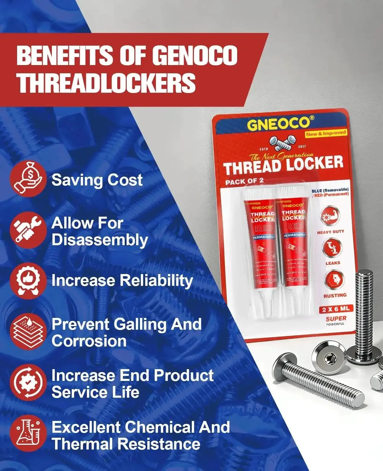 2 Pack Red Thread Locker High Strength 6ml Each For Nuts Bolts And Metal Fasteners Anaerobic Cure That Locks Tight To Stop Vibration Loosening Permanent Bond Ideal For Automotive Machinery And Home DIY Projects - Image 4