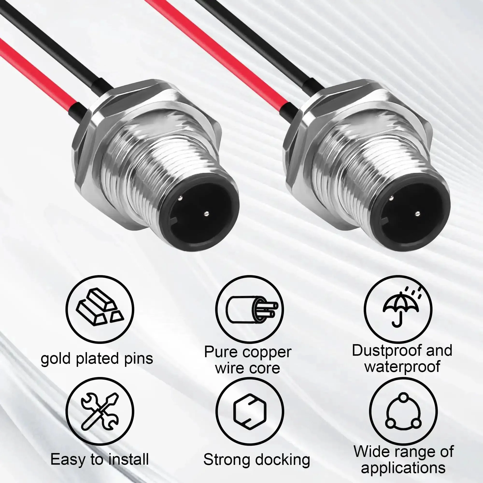 2 Pack Rugged M12 2 Pin Male Connector Cable A-Coded IP67 Waterproof Aviation Connector Pin To Bare Wire 22AWG Tinned Copper Sensor Cable For PCB Board 12 Cm 4.72 Inch - Image 3