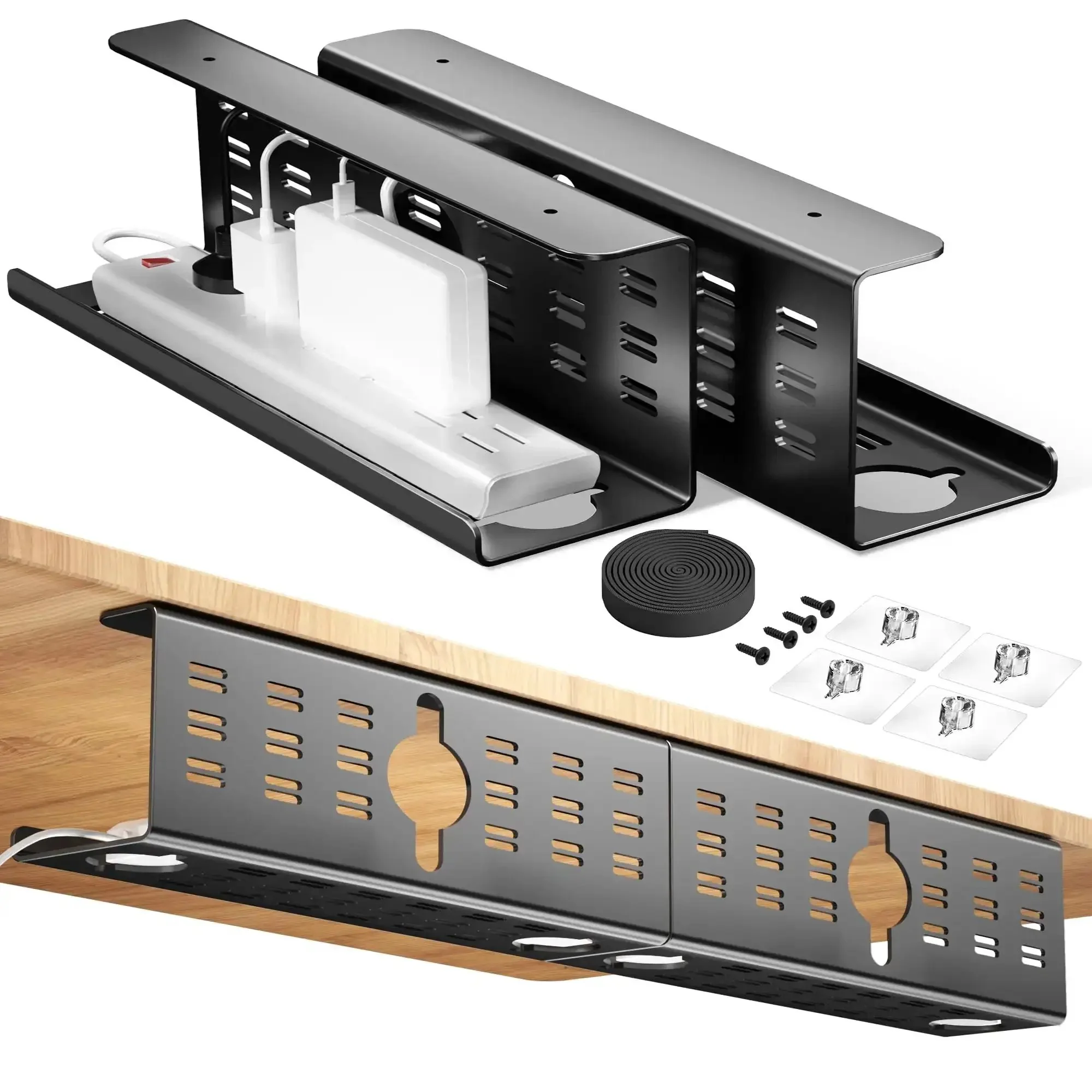 2 Pack Under Desk Cable Management Tray Black Large 16x5x6 Inch Alloy Steel Cord Hider Organizer For Office And Home Tape Or Screw Mount Keeps Cables In Check For MacBook Chargers And Bulky Adapters