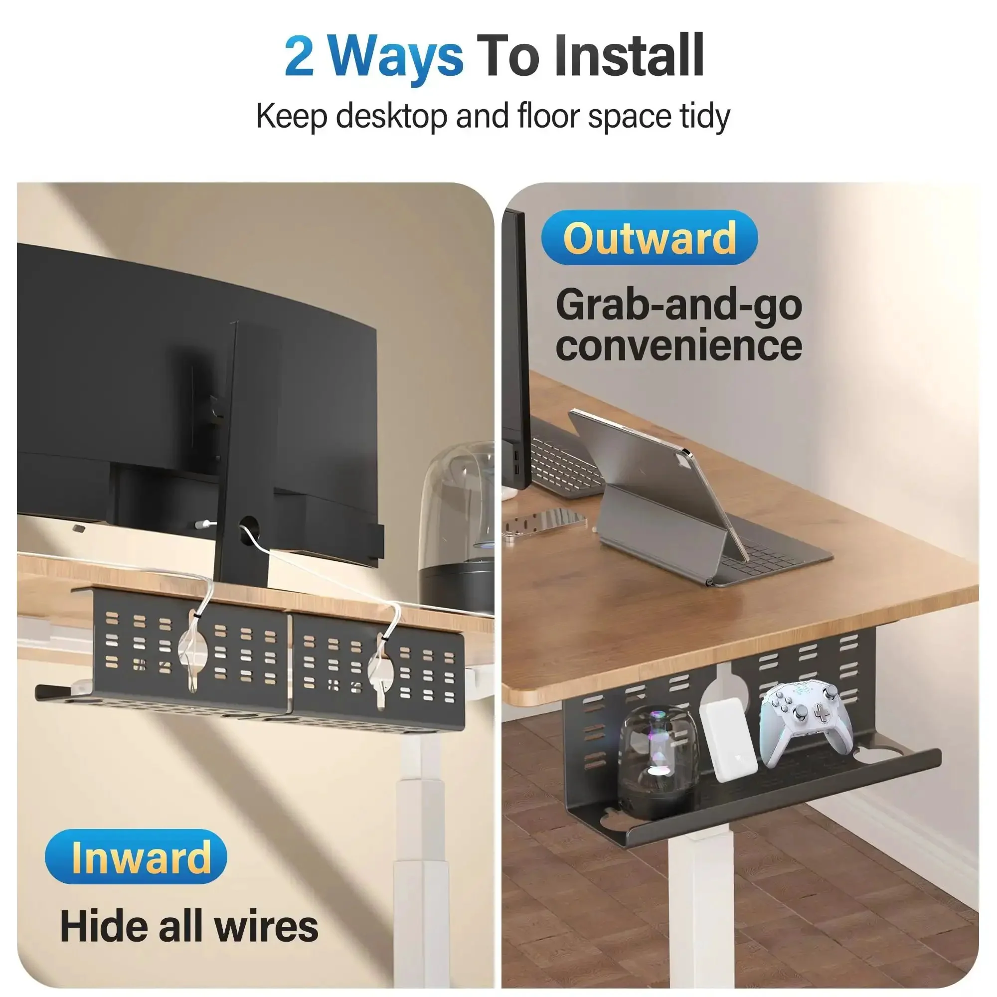 2 Pack Under Desk Cable Management Tray Black Large 16x5x6 Inch Alloy Steel Cord Hider Organizer For Office And Home Tape Or Screw Mount Keeps Cables In Check For MacBook Chargers And Bulky Adapters - Image 3