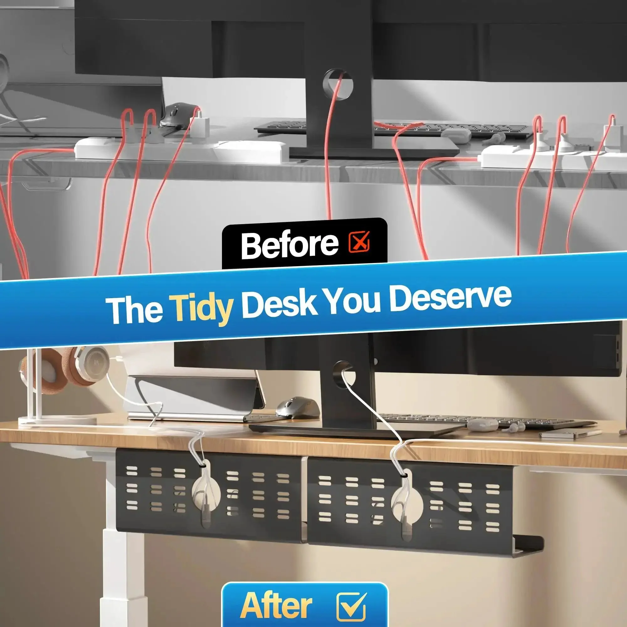2 Pack Under Desk Cable Management Tray Black Large 16x5x6 Inch Alloy Steel Cord Hider Organizer For Office And Home Tape Or Screw Mount Keeps Cables In Check For MacBook Chargers And Bulky Adapters - Image 4