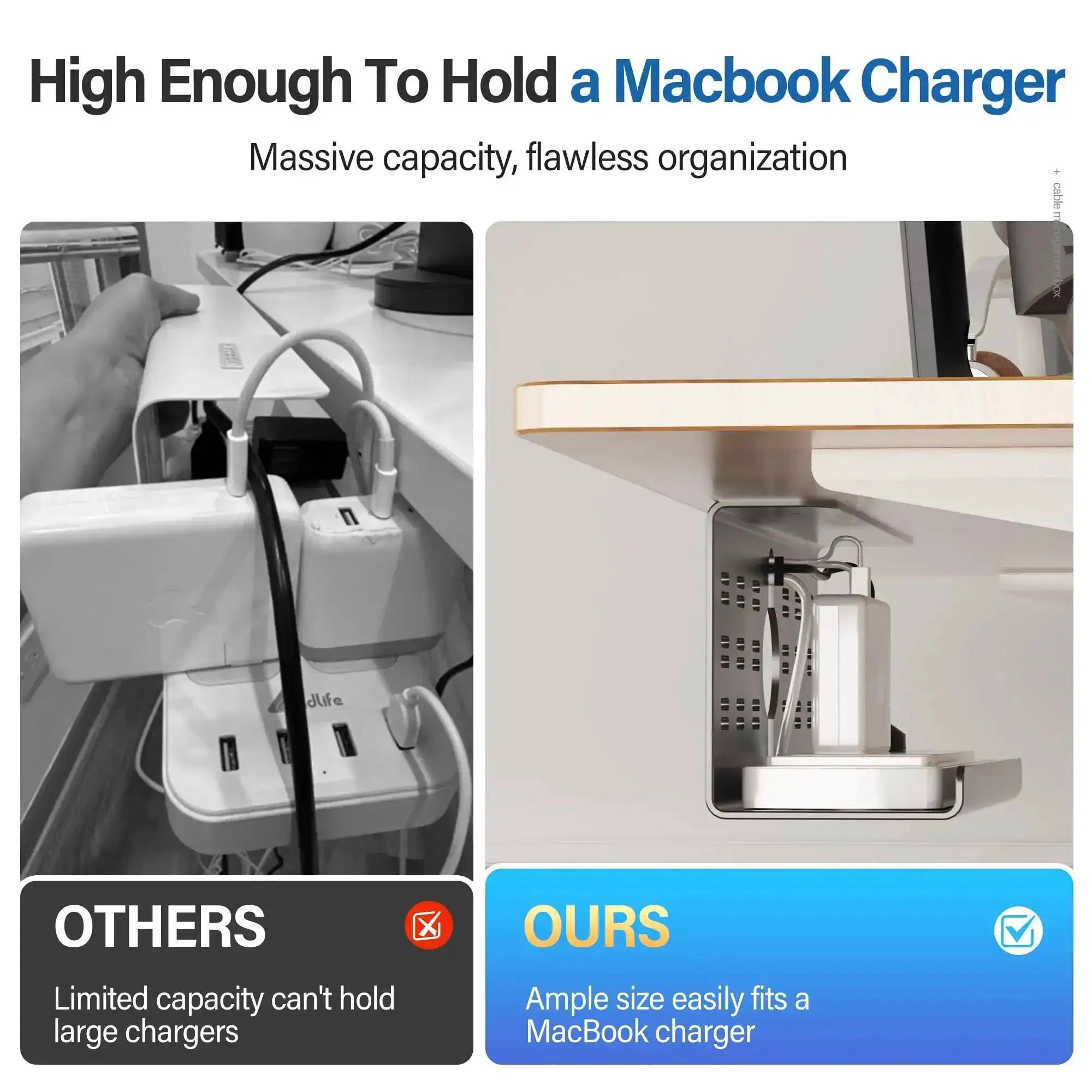 2 Pack Under Desk Cable Management Tray Black Large 16x5x6 Inch Alloy Steel Cord Hider Organizer For Office And Home Tape Or Screw Mount Keeps Cables In Check For MacBook Chargers And Bulky Adapters - Image 7