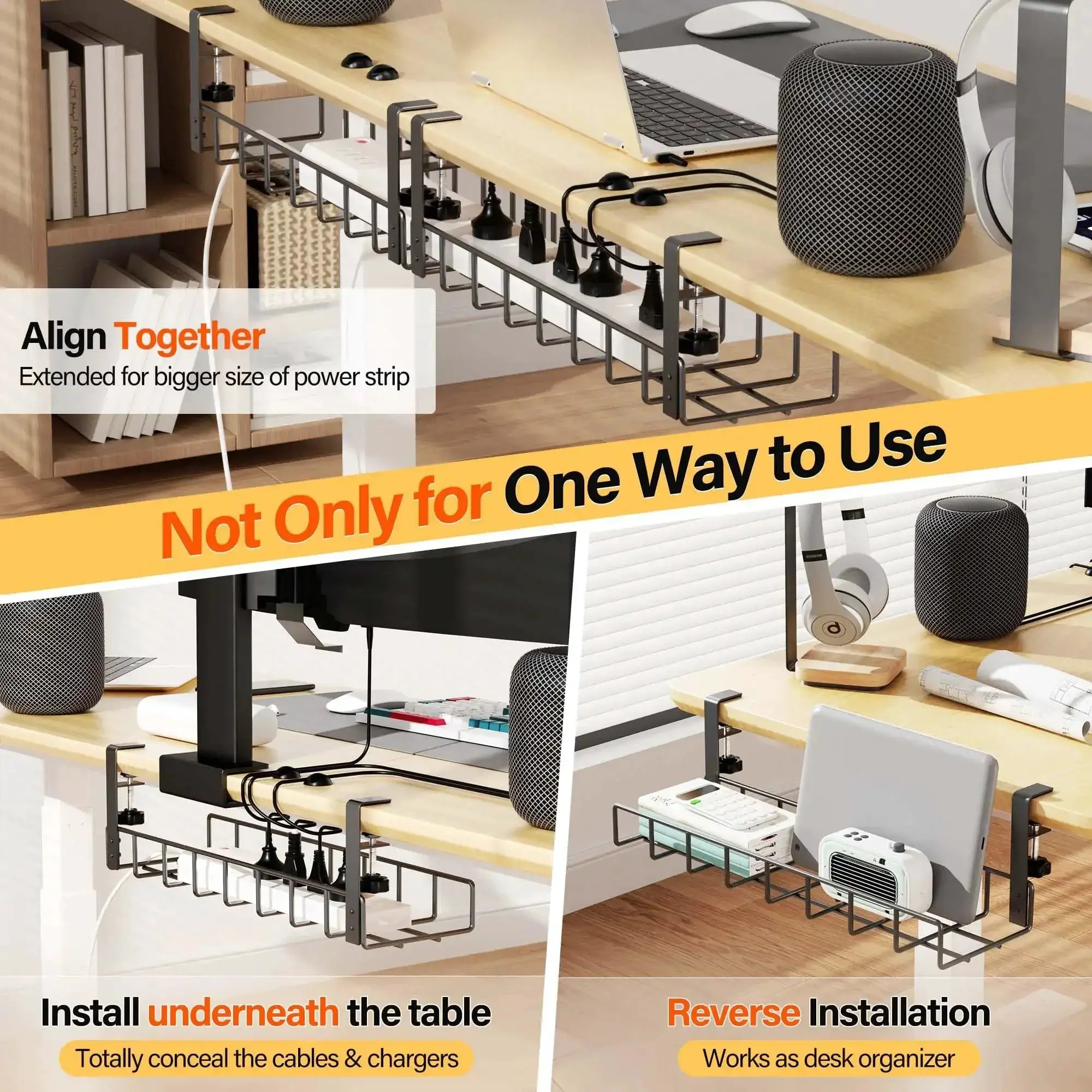 2 Pack Under Desk Cable Management Tray With Upgraded Clamp No Drill Wire Organizer 31.4 Inch Metal Desk Cord Rack Black Sturdy Powder Coated Rust Resistant Holds Up To 10 Lbs Cable Organization Solution - Image 4