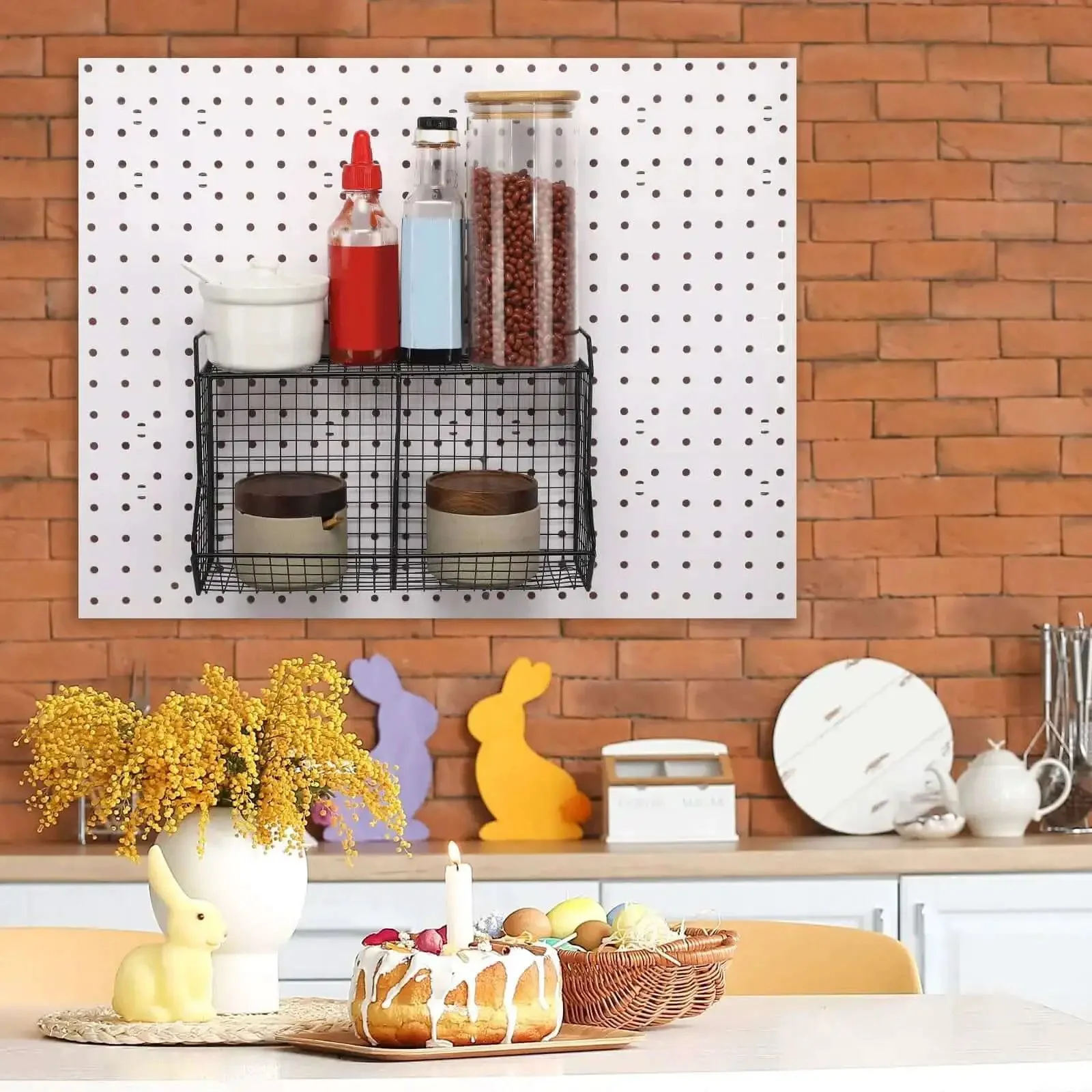 2 Piece Tiered Pegboard Basket Set With 4 Hooks Black Pegboard Storage System For Garage Workbench Kitchen And Bathroom Organization Two Grid Bins Easy Install Heavy Duty Metal Build - Image 3