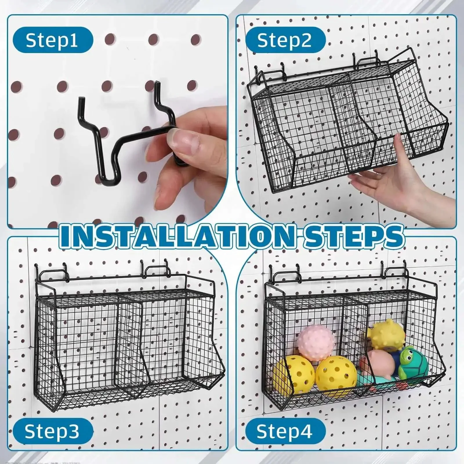 2 Piece Tiered Pegboard Basket Set With 4 Hooks Black Pegboard Storage System For Garage Workbench Kitchen And Bathroom Organization Two Grid Bins Easy Install Heavy Duty Metal Build - Image 5