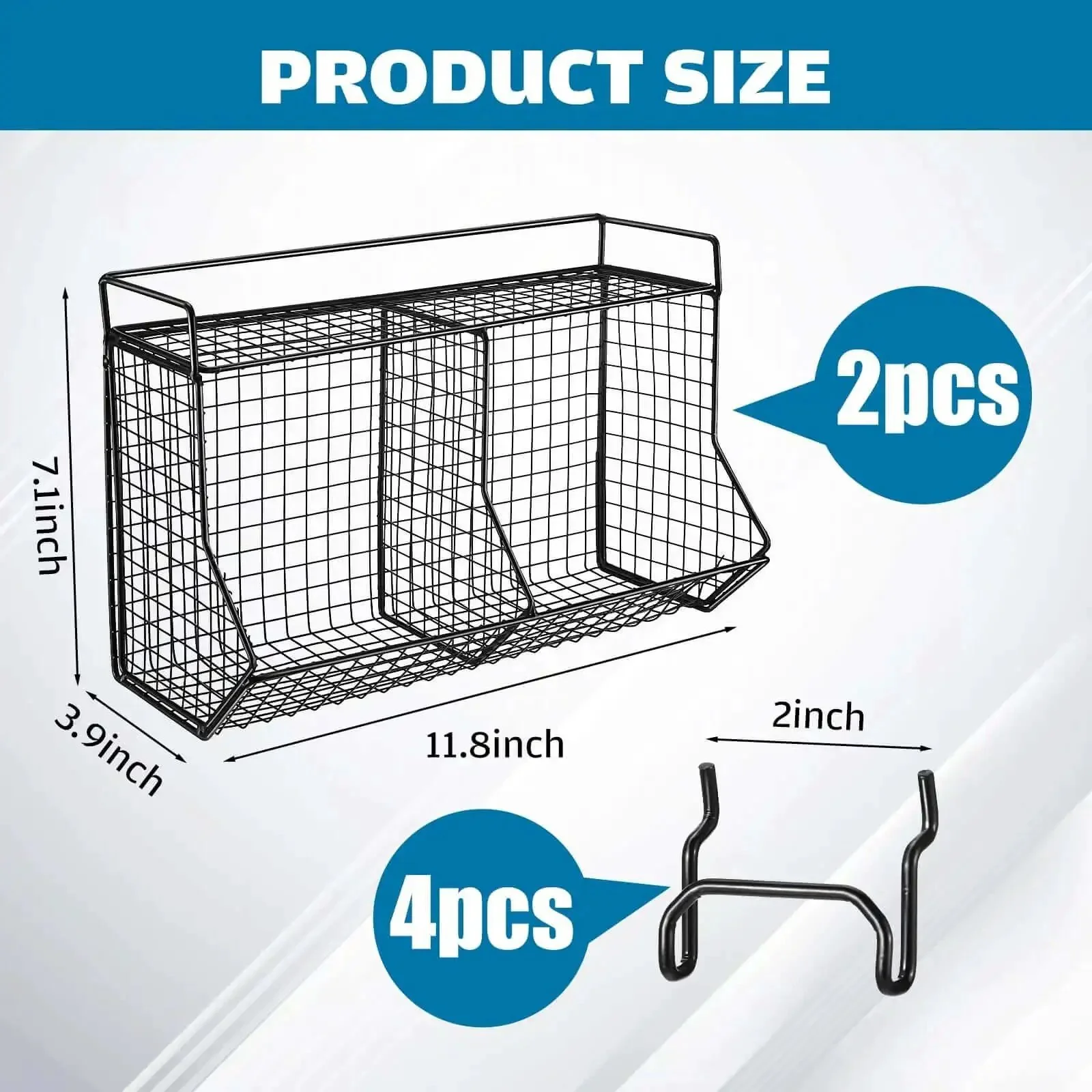 2 Piece Tiered Pegboard Basket Set With 4 Hooks Black Pegboard Storage System For Garage Workbench Kitchen And Bathroom Organization Two Grid Bins Easy Install Heavy Duty Metal Build - Image 7