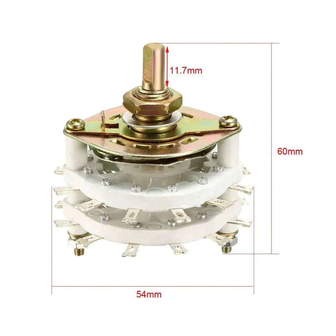 2 Pole 11 Throw 2 Deck Band Channel Rotary Switch Selector With Black Plastic Knob, 24 Pins, 9.7mm Mount Hole, 6mm Shaft, 11.7mm Shaft Length, Mount Nut Included - Image 4