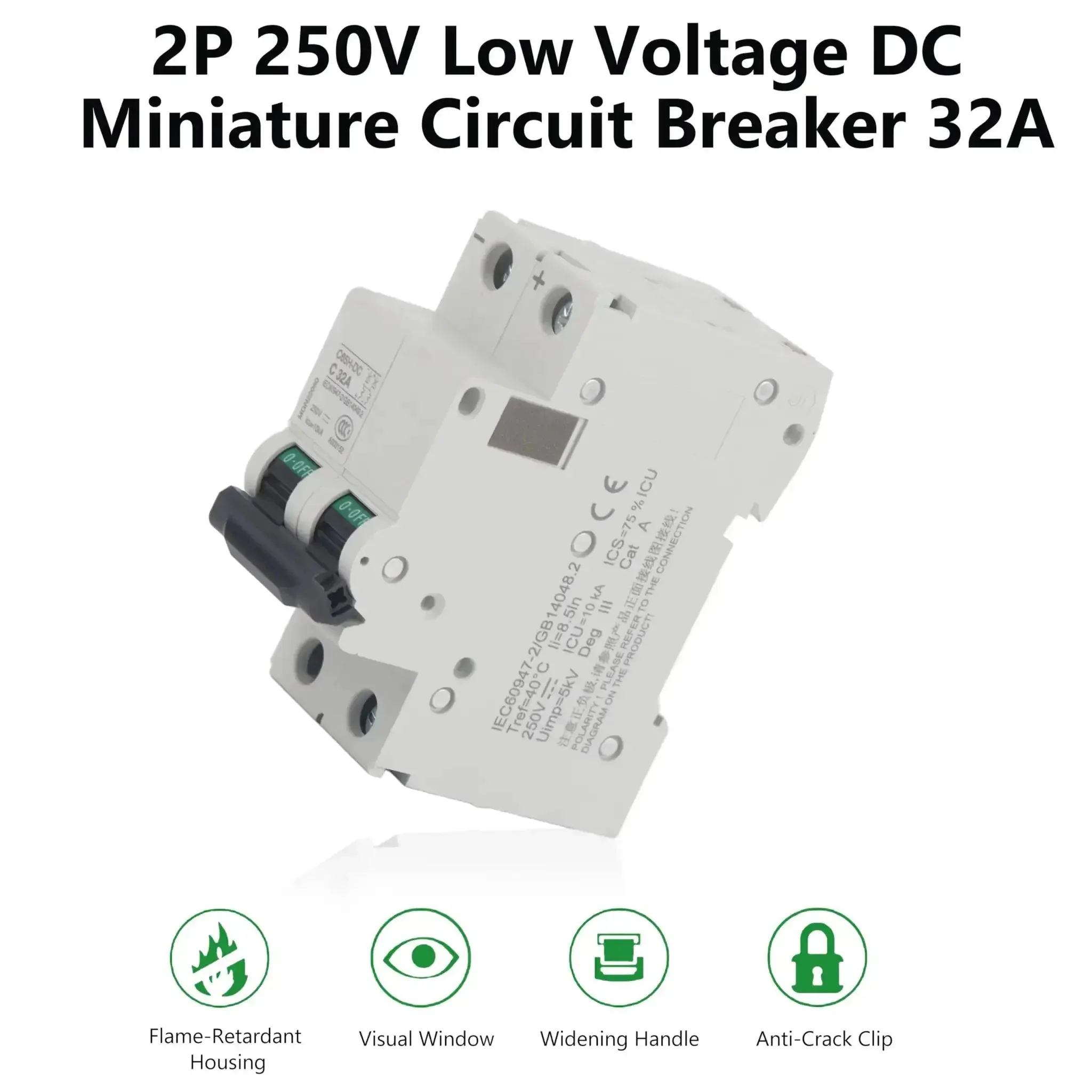 2-Pole 250V DC Miniature Circuit Breaker For Solar Systems, Din Rail Mount, Quick-Trip DC Breaker, C65H-DC, 32A, Protect Your Low Voltage Solar Grid From Overloads And Short Circuits - Image 3