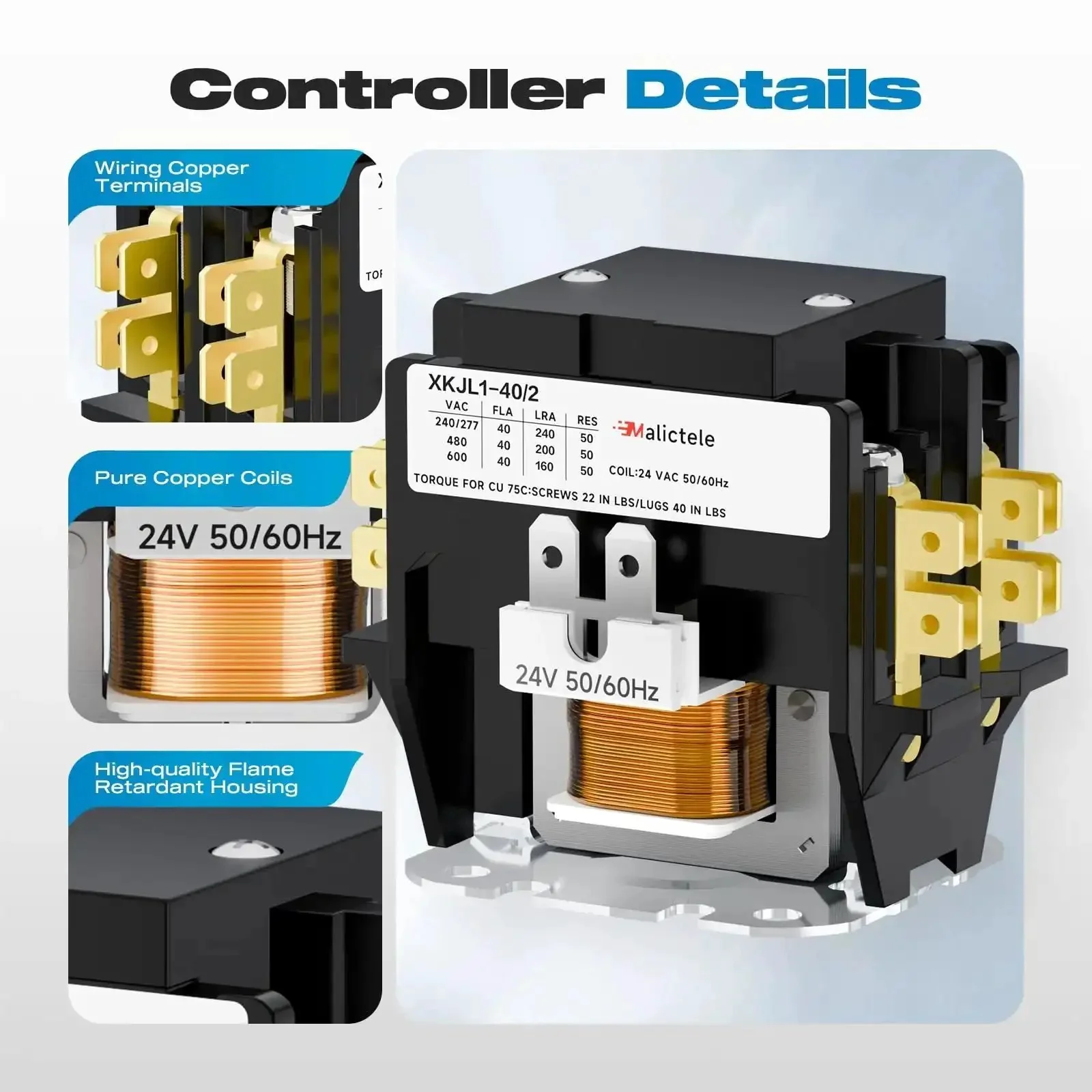 2 Pole 40 Amp 24V AC Contactor For HVAC Outdoor Units And Condensers, Heavy Duty Relay Switch For Compressors And Motors, 50/60Hz, Up To 600VAC, Silver Alloy Contacts And Solid Copper Coil - Image 6