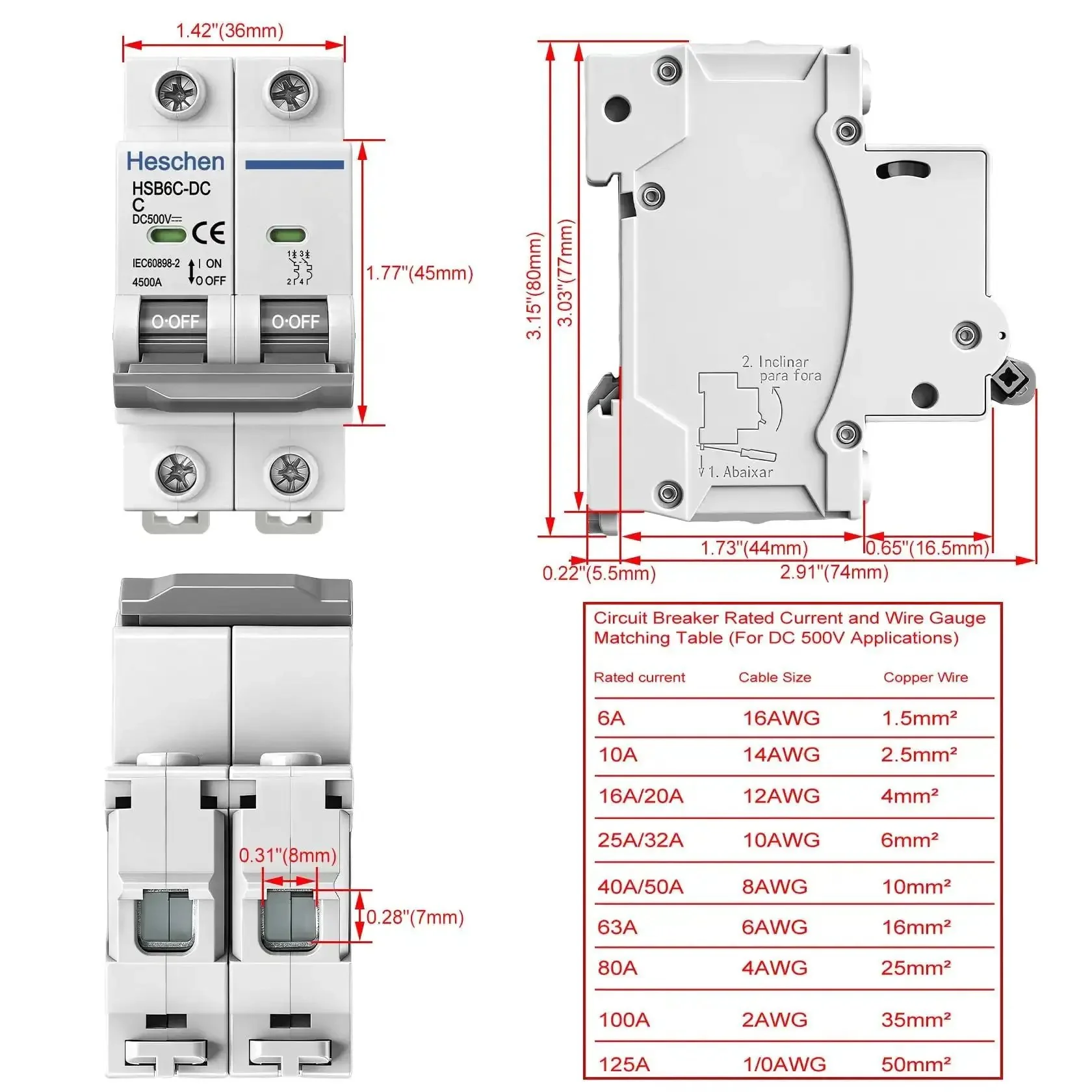 2 Pole DC Solar PV Circuit Breaker Type C Non-Polarized 500V 32A With 4.5kA Breaking Capacity For Solar Panels And Grid Setups DIN Rail Mounting 35mm Gray - Image 8