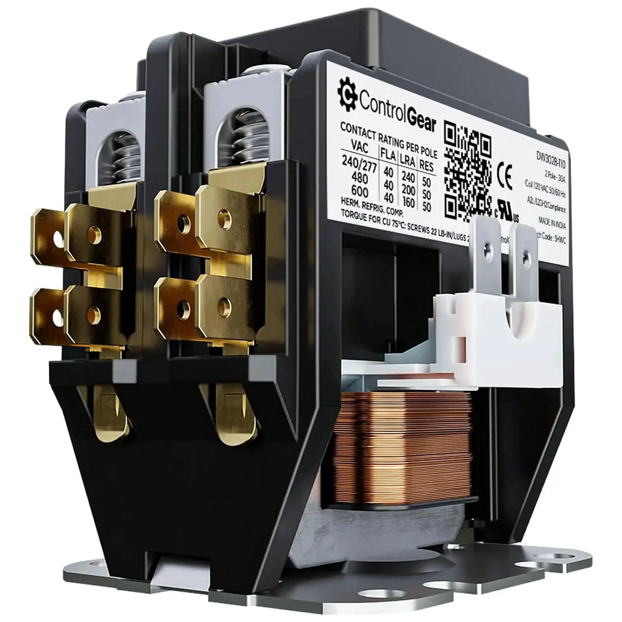 2 Pole Definite Purpose Contactor With 120V Coil 30 Amp UL Recognized A2L Refrigerants Rated Line Lugs And Load Screws DW302B-11 2P 120V Coil Built For Heavy Duty HVAC Reliability With Quiet Copper Shading Coils