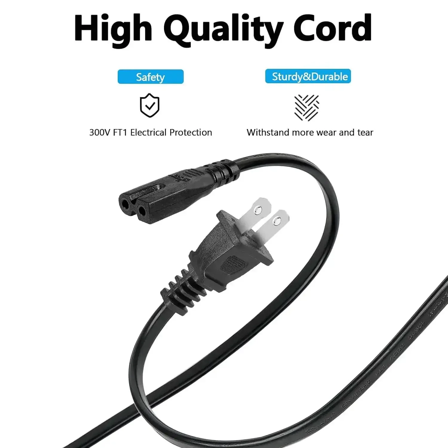 2 Prong Polarized AC Power Cord Replacement For HDTVs And Audio Gear, 6.5 Ft Long, Compatible With Cable Boxes, Routers, Sound Bars, Gaming Consoles, And More, Durable, Safe, Easy Plug In For Quick Setup - Image 4