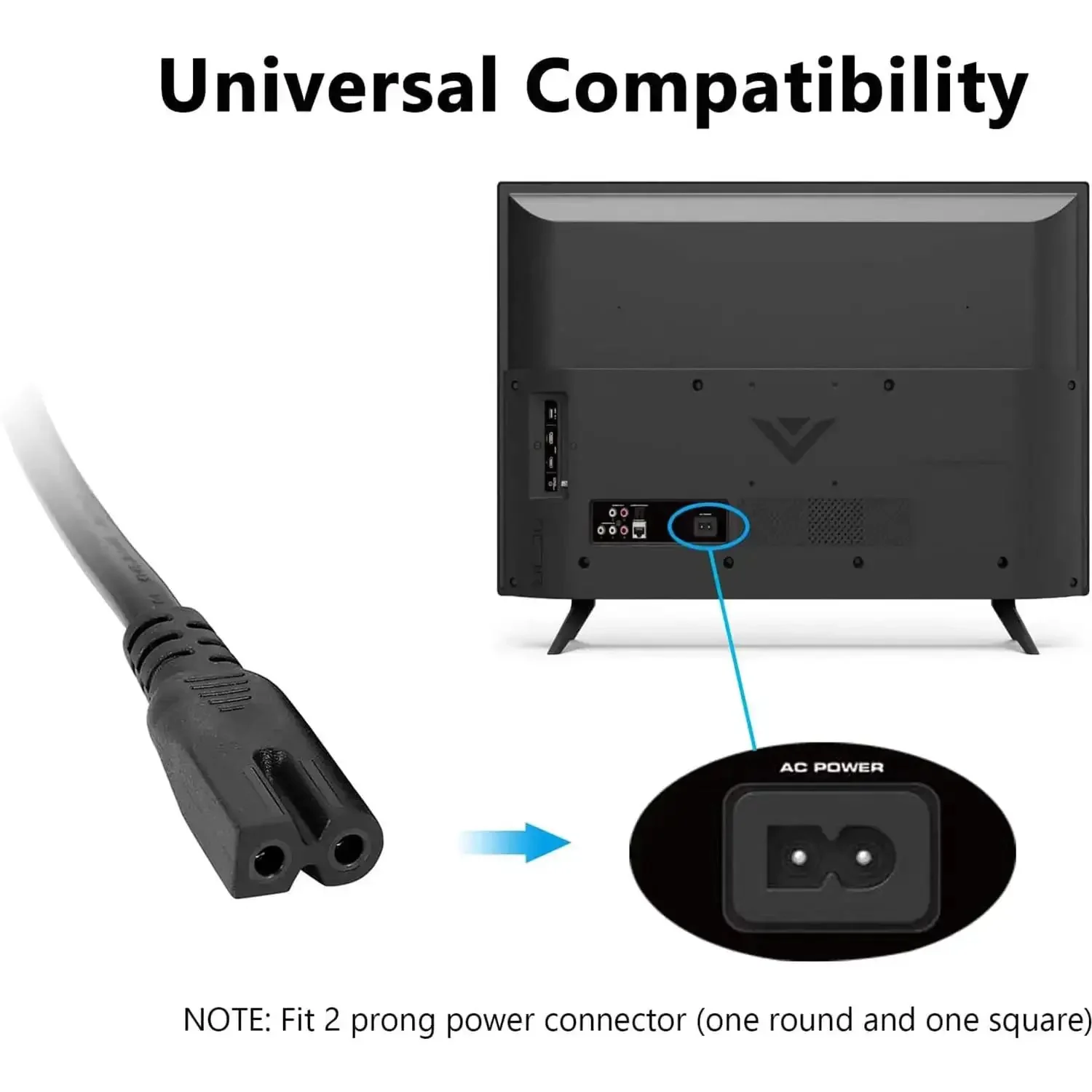 2 Prong Polarized AC Power Cord Replacement For HDTVs And Audio Gear, 6.5 Ft Long, Compatible With Cable Boxes, Routers, Sound Bars, Gaming Consoles, And More, Durable, Safe, Easy Plug In For Quick Setup - Image 5