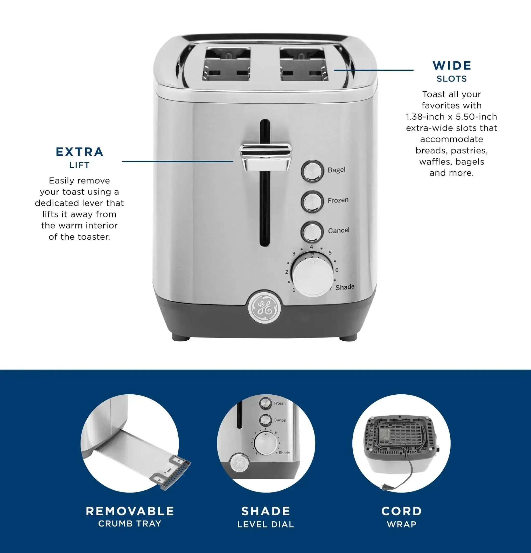 2 Slice Stainless Steel Toaster With Extra Wide Slots For Bagels, Bread, Waffles And More, 7 Shade Settings From Light To Dark, Removable Crumb Tray, 850 Watts, Big On Performance For Any Kitchen - Image 8