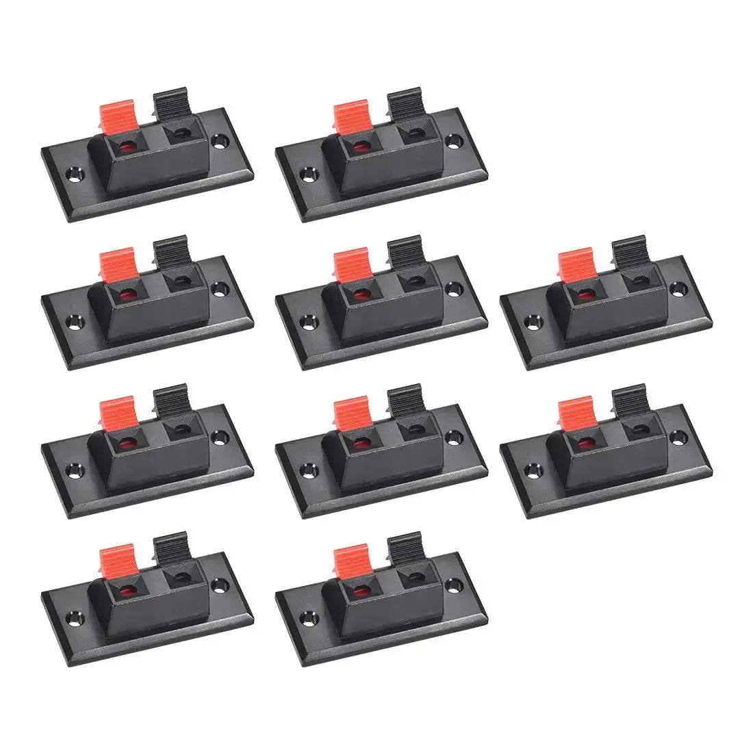 2 Way Spring Speaker Terminal Clip Push Release Connector for Speaker Wire, 10 Piece Pack, Spring Loaded Terminal Block With Red and Black Polarity, Fits AWG24 to AWG16 Cables, 50V 3A Rating, Ideal DIY Audio Hookup