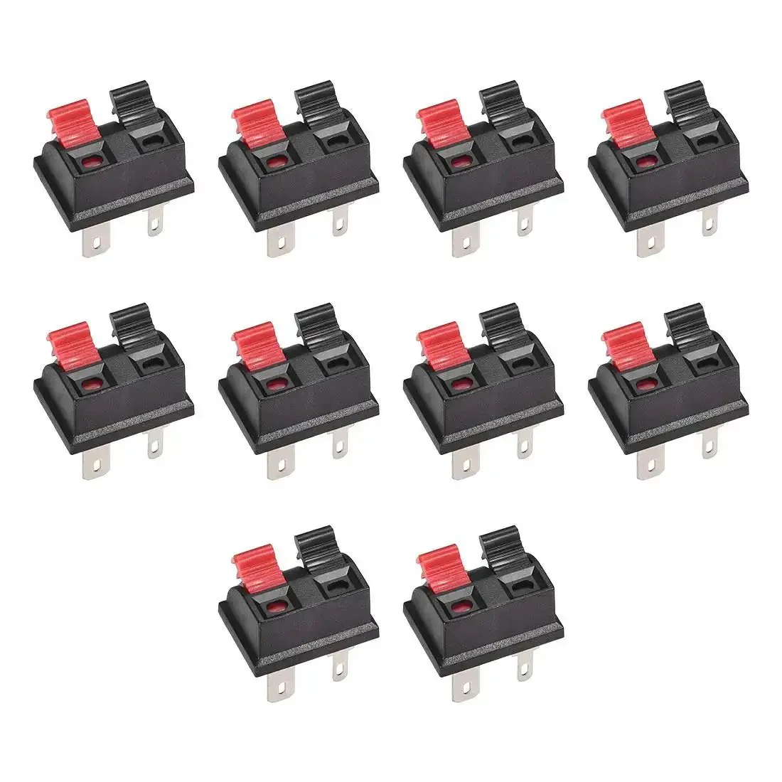 2 Way Spring Speaker Terminal Clip Push Release Connector 2 Positions With Rock Solid Spring Load Red Black Color Coding Fits AWG 24-16 Speaker Wire Board Strip Terminal Blocks Pack Of 10