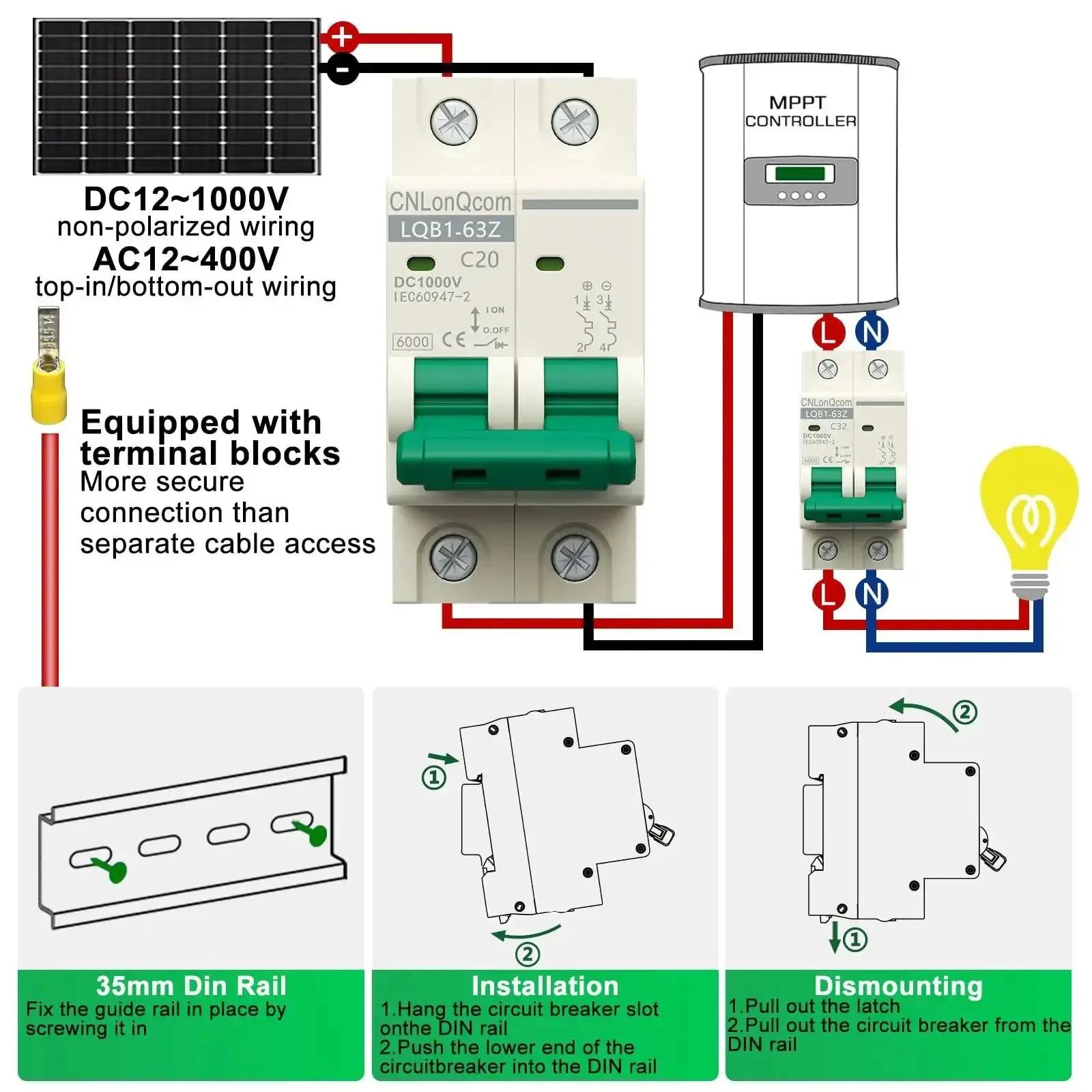 20 Amp DC Solar Breaker Miniature Circuit Breaker Solar Disconnect Switch 1000V DC and 400V AC 2 Pole MCB for PV UPS RV Battery DIN Rail Mount With Arc Extinguishing Magnet and UV Resistant PA Case - Image 7