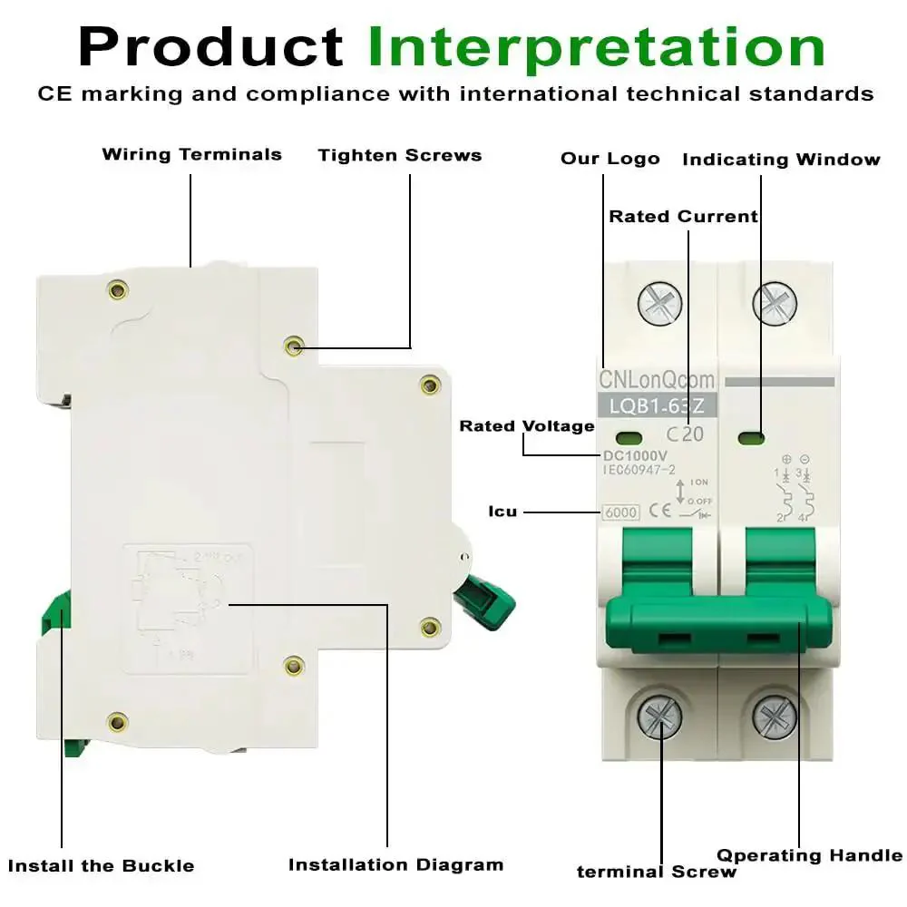 20 Amp DC Solar Breaker Miniature Circuit Breaker Solar Disconnect Switch 1000V DC and 400V AC 2 Pole MCB for PV UPS RV Battery DIN Rail Mount With Arc Extinguishing Magnet and UV Resistant PA Case - Image 8