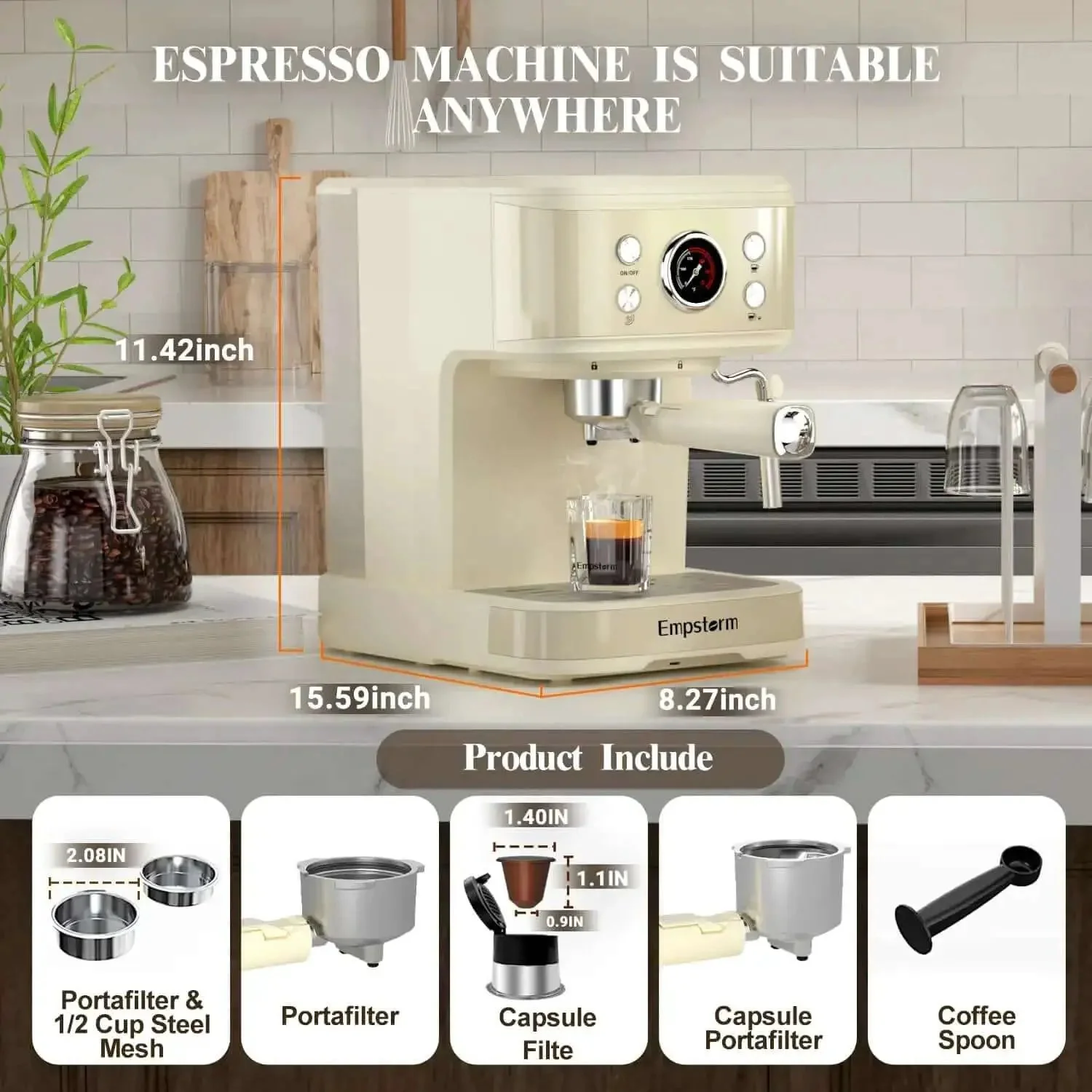 20 Bar Espresso Machine With Milk Frother Steam Wand For Latte And Cappuccino 2 In 1 Espresso Maker Powder And Capsule Portafilter 50 Oz Removable Water Tank White Home Coffee Maker - Image 3