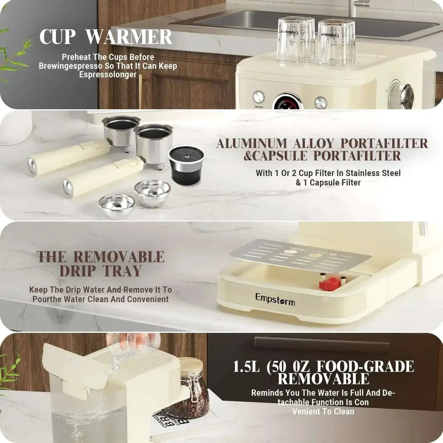 20 Bar Espresso Machine With Milk Frother Steam Wand For Latte And Cappuccino 2 In 1 Espresso Maker Powder And Capsule Portafilter 50 Oz Removable Water Tank White Home Coffee Maker - Image 4