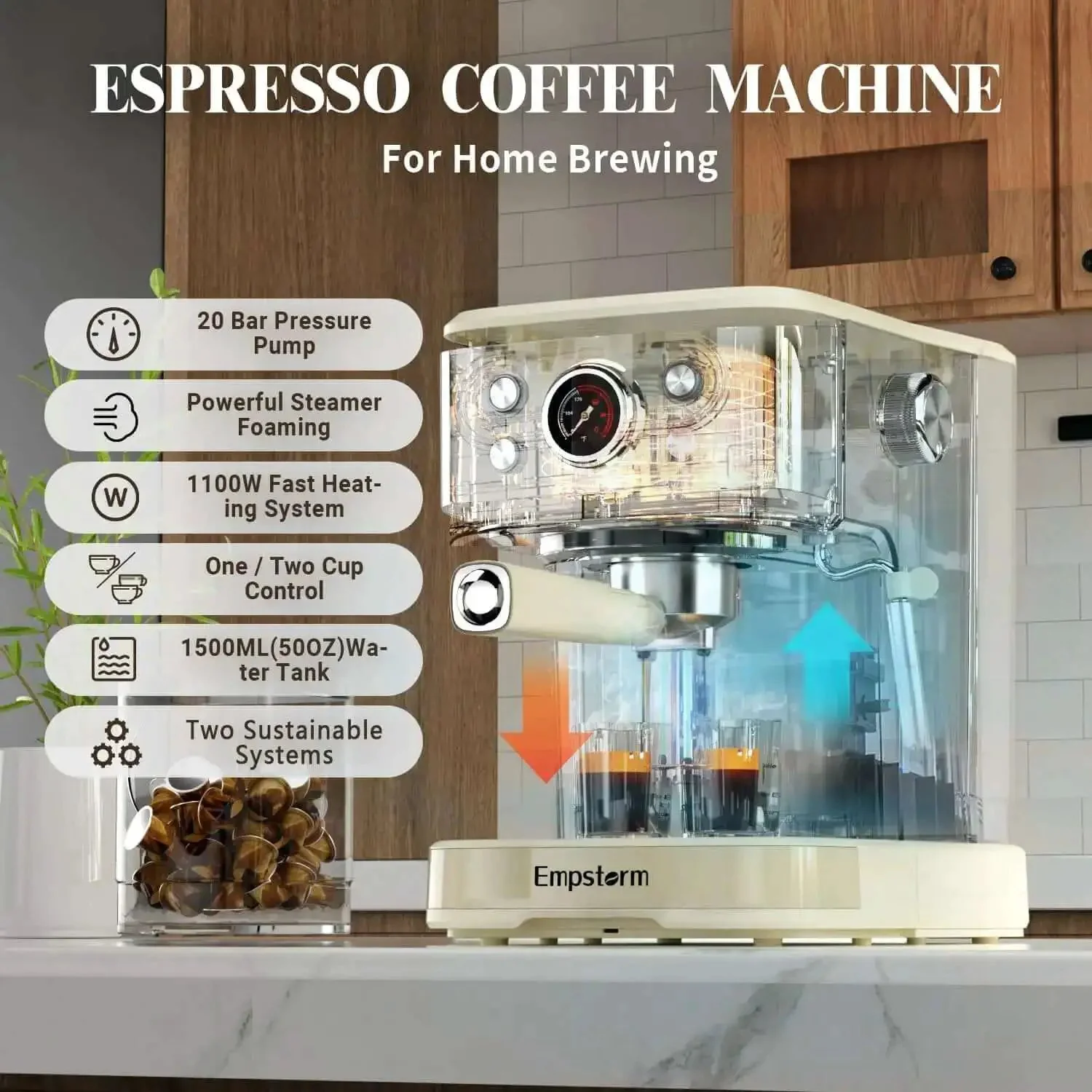 20 Bar Espresso Machine With Milk Frother Steam Wand For Latte And Cappuccino 2 In 1 Espresso Maker Powder And Capsule Portafilter 50 Oz Removable Water Tank White Home Coffee Maker - Image 9