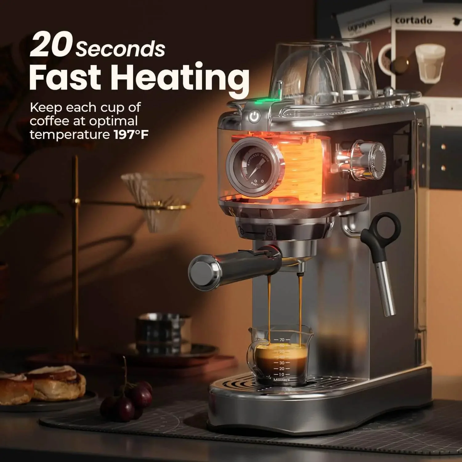 20 Bar Espresso Machine With Steam Wand, Compact Stainless Steel Coffee Maker For Lattes And Cappuccinos, Fast Heating 1450W, Barista-Grade Home Brewer For Cafe Quality Crema - Image 5