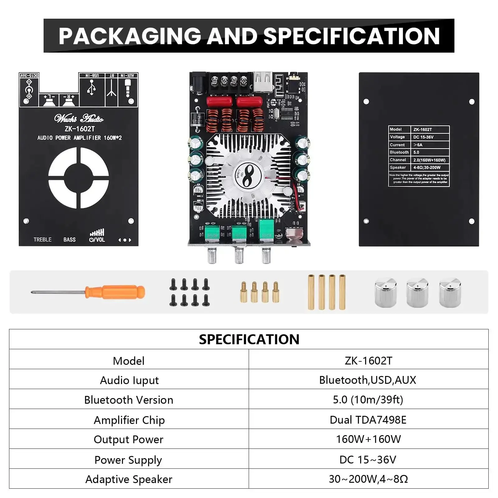2.0 Channel Bluetooth 5.0 Power Amplifier Board With Dual TDA7498E Chips, 160W Per Channel, Stereo Mini Amplifier Module, USB And AUX Inputs, TB Terminal Block, DC 15 to 36V, Ideal For Home Speakers With Clean, Powerful Sound - Image 2