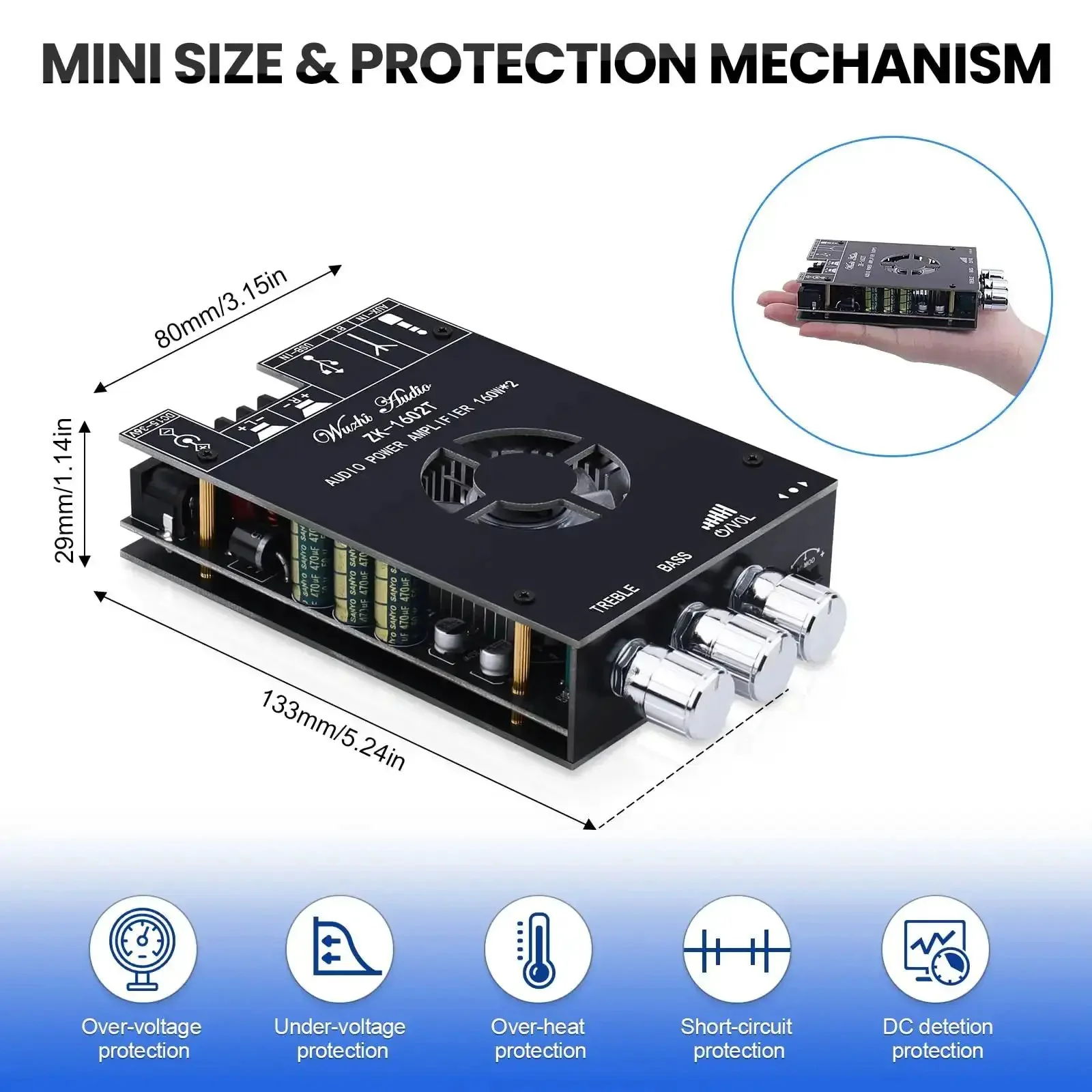 2.0 Channel Bluetooth 5.0 Power Amplifier Board With Dual TDA7498E Chips, 160W Per Channel, Stereo Mini Amplifier Module, USB And AUX Inputs, TB Terminal Block, DC 15 to 36V, Ideal For Home Speakers With Clean, Powerful Sound - Image 3