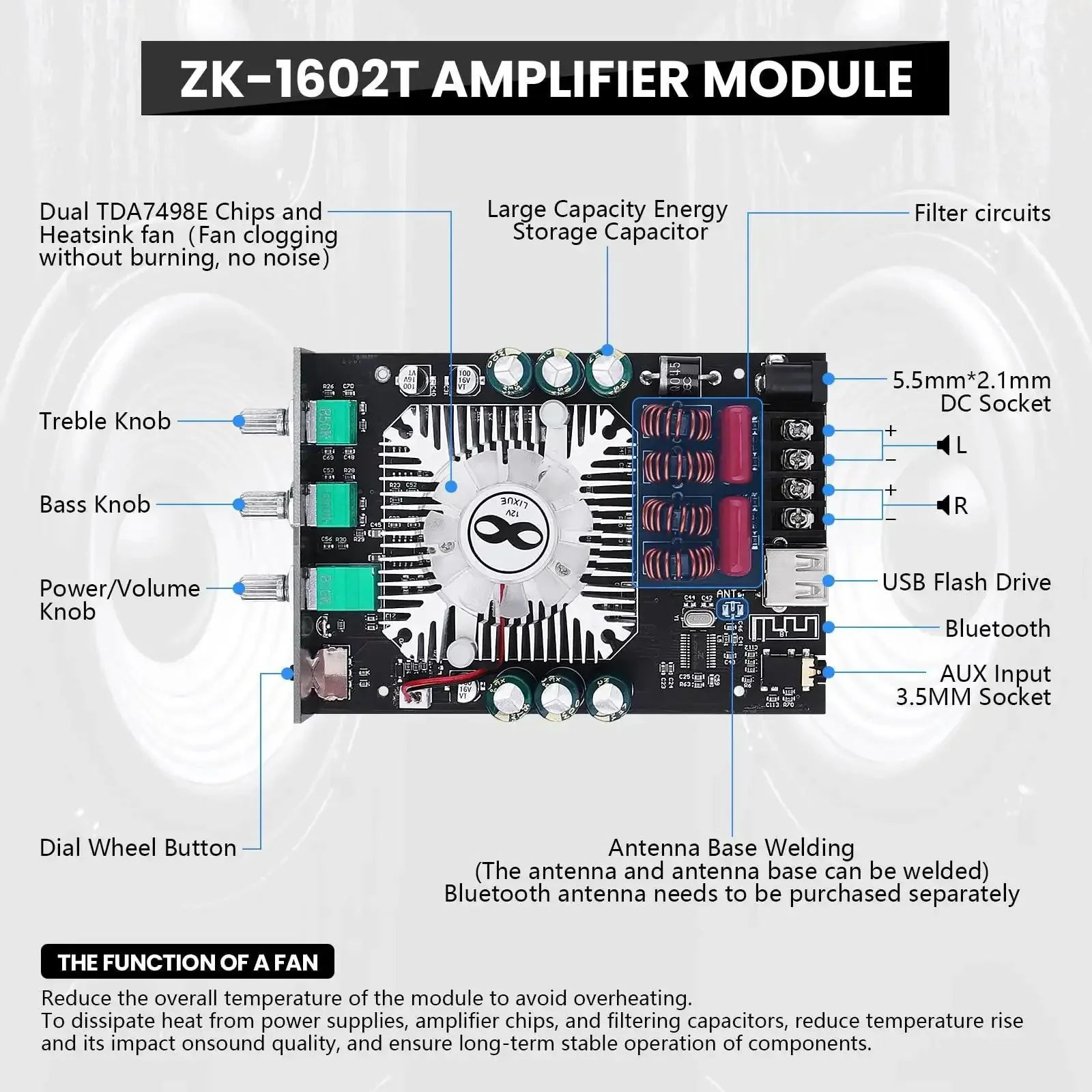 2.0 Channel Bluetooth 5.0 Power Amplifier Board With Dual TDA7498E Chips, 160W Per Channel, Stereo Mini Amplifier Module, USB And AUX Inputs, TB Terminal Block, DC 15 to 36V, Ideal For Home Speakers With Clean, Powerful Sound - Image 5