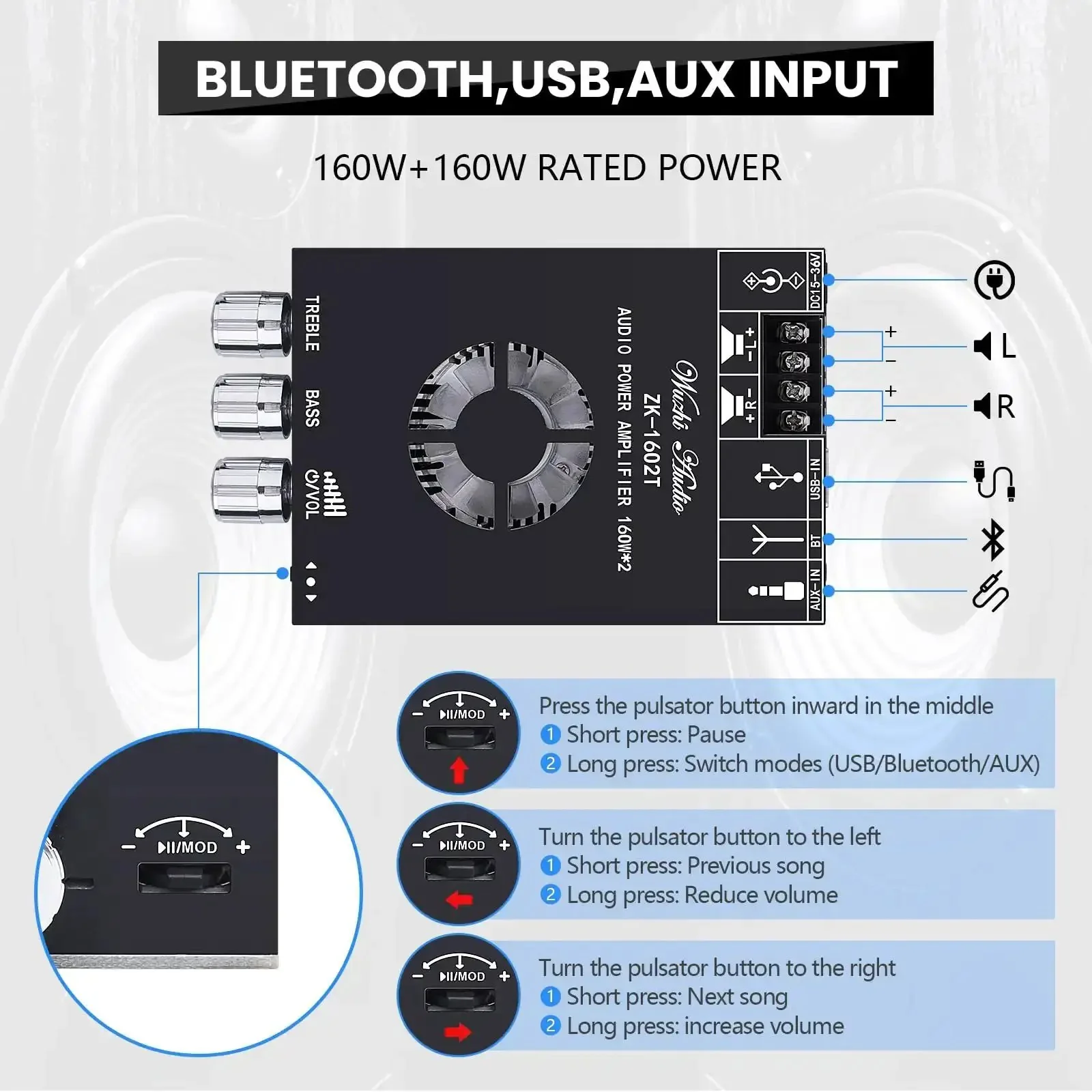 2.0 Channel Bluetooth 5.0 Power Amplifier Board With Dual TDA7498E Chips, 160W Per Channel, Stereo Mini Amplifier Module, USB And AUX Inputs, TB Terminal Block, DC 15 to 36V, Ideal For Home Speakers With Clean, Powerful Sound - Image 6