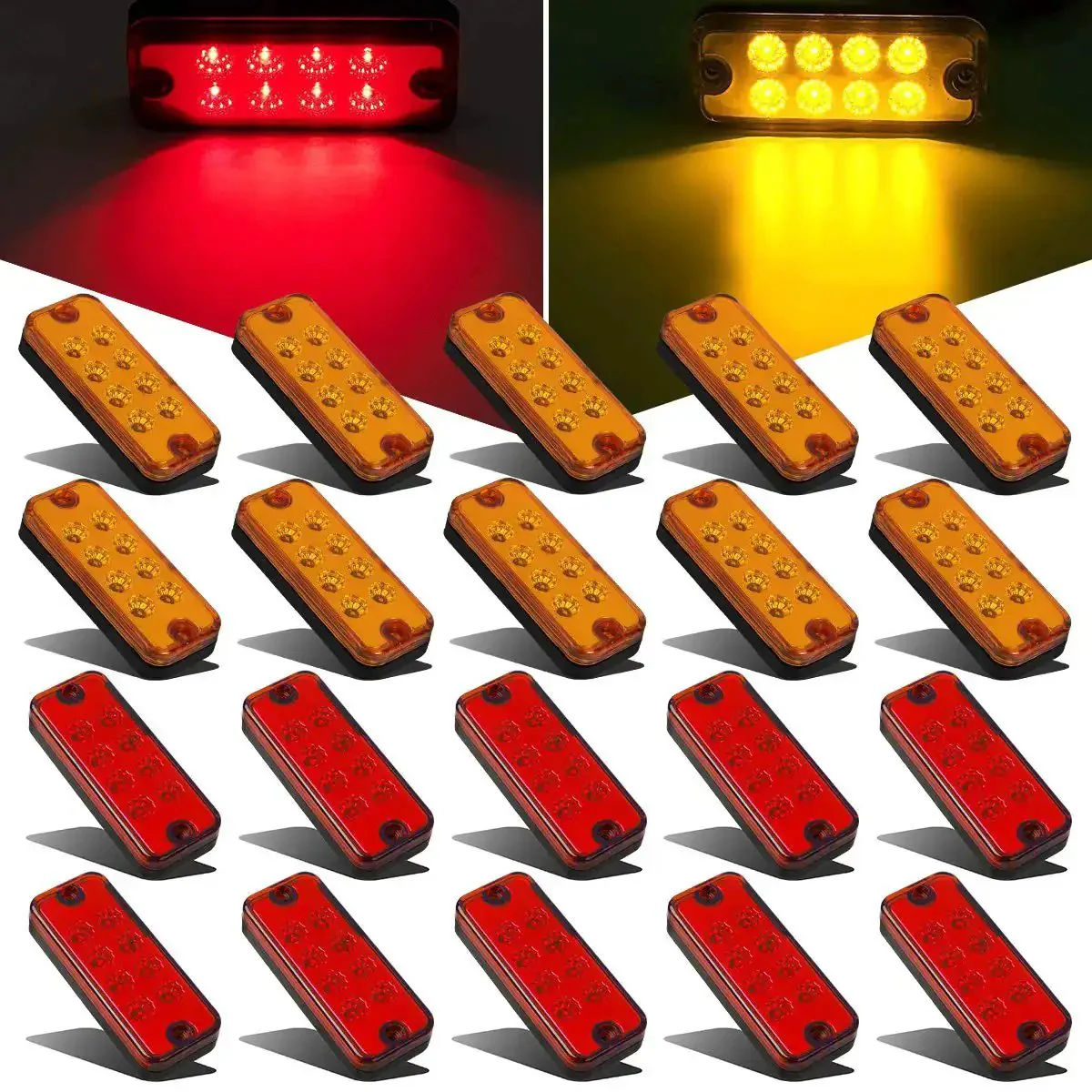 20 Pack 4 Inch LED Rectangular Side Marker Clearance Lights With 8 LEDs Per Light For Your Rig Trailer Truck RV Camper Motorhome Car 12V 10 Amber 10 Red Durable Weatherproof Lights With Easy Install And Mounting Screws Included