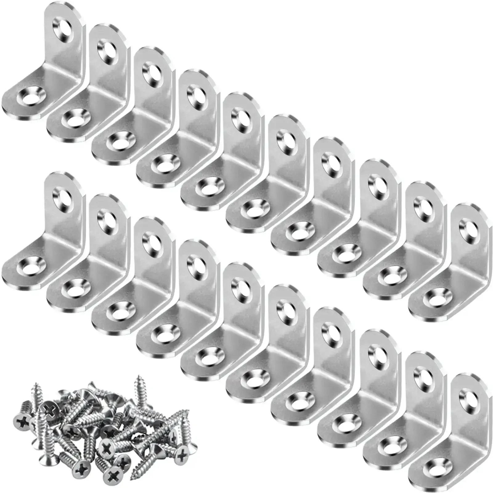 20 Pack L Bracket Corner Brace Set In Stainless Steel 30mm By 30mm 2mm Thick Right Angle Joints With Rust Resistant Round Ends Countersunk Holes Includes 40 Screws For Wood Cabinets And DIY Furniture Projects