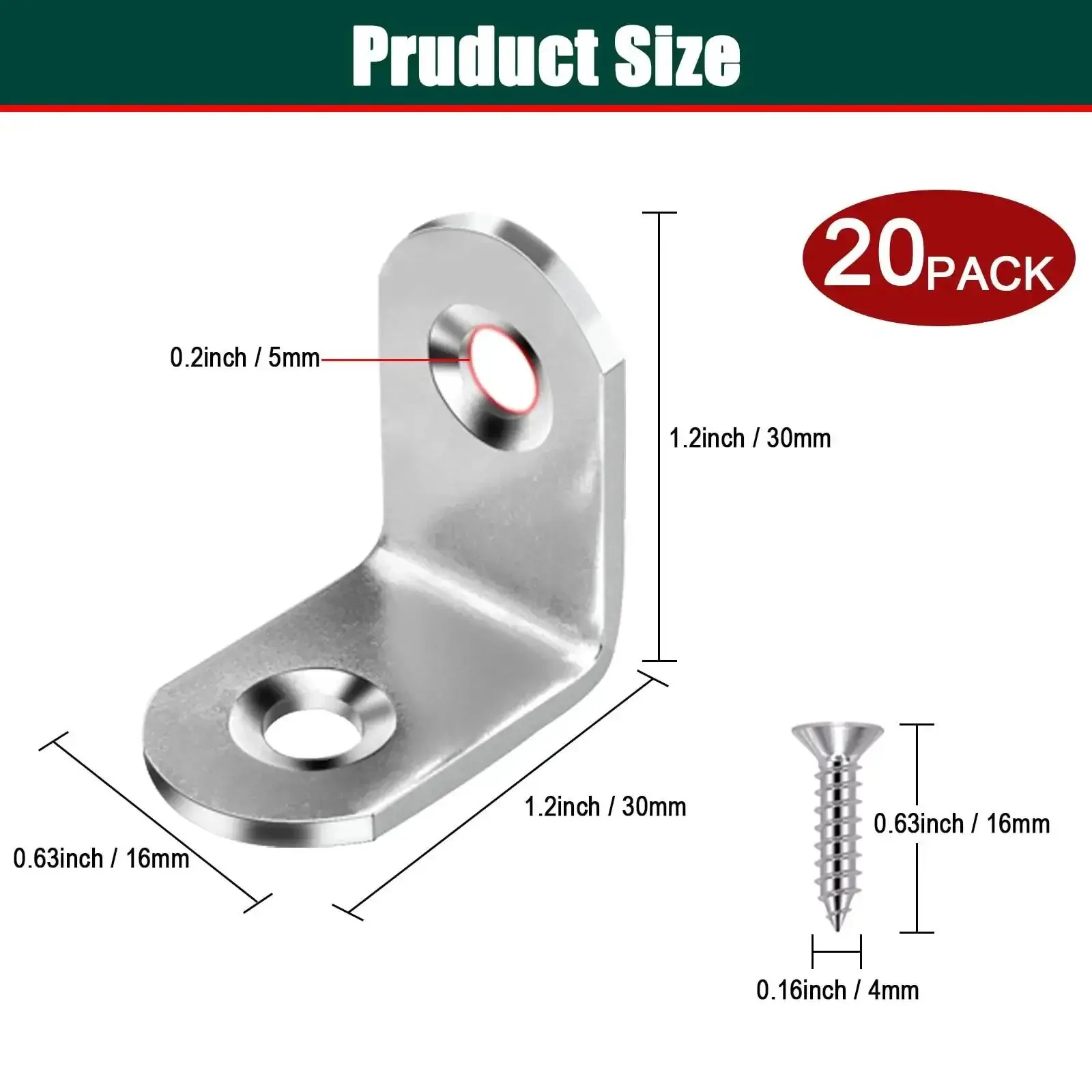 20 Pack L Bracket Corner Brace Set In Stainless Steel 30mm By 30mm 2mm Thick Right Angle Joints With Rust Resistant Round Ends Countersunk Holes Includes 40 Screws For Wood Cabinets And DIY Furniture Projects - Image 5