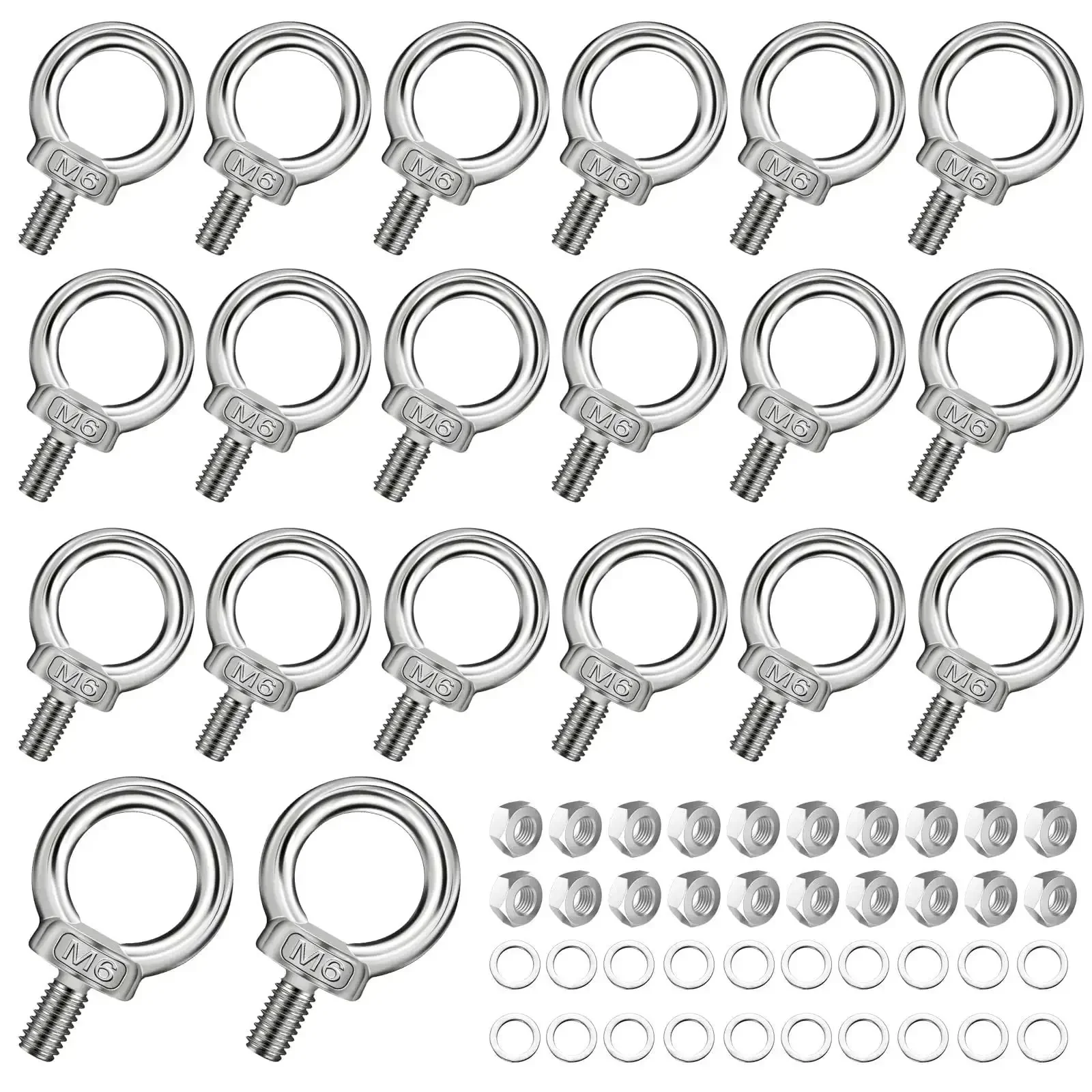 20 Pack Stainless Steel M6 Eye Bolts With Nuts And Washers For Lifting And Suspension Shoulder Ring Eyebolts With Male Threads And Washers Heavy Duty Hook Attachments For Secure Support