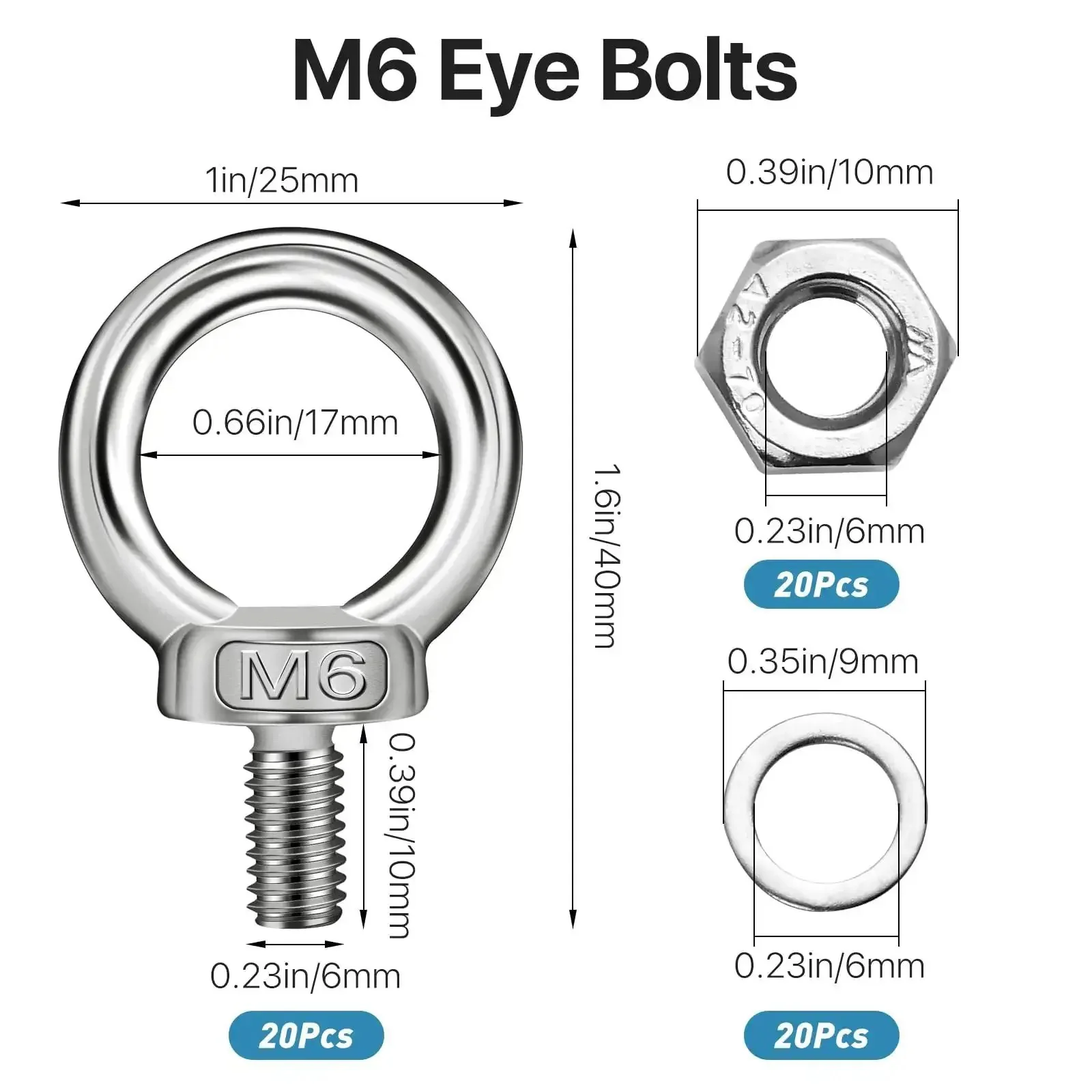 20 Pack Stainless Steel M6 Eye Bolts With Nuts And Washers For Lifting And Suspension Shoulder Ring Eyebolts With Male Threads And Washers Heavy Duty Hook Attachments For Secure Support - Image 6