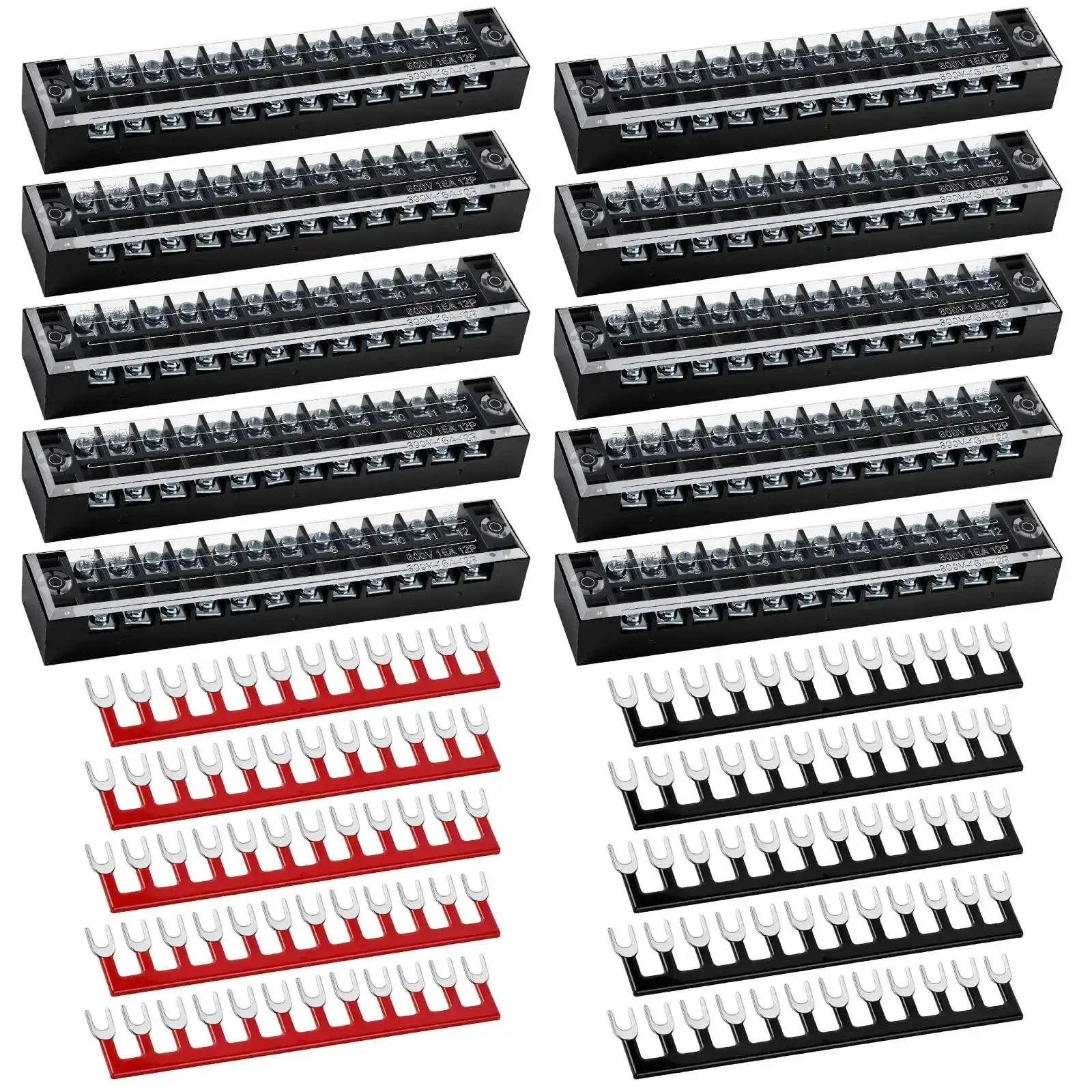 20 Pcs 10 Sets Terminal Block 12 Position Dual Row 15A 600V Screw Terminal Strip With Cover And 12 Position Pre Insulated Terminals Barrier Strips Jumpers Black And Red For DIYers