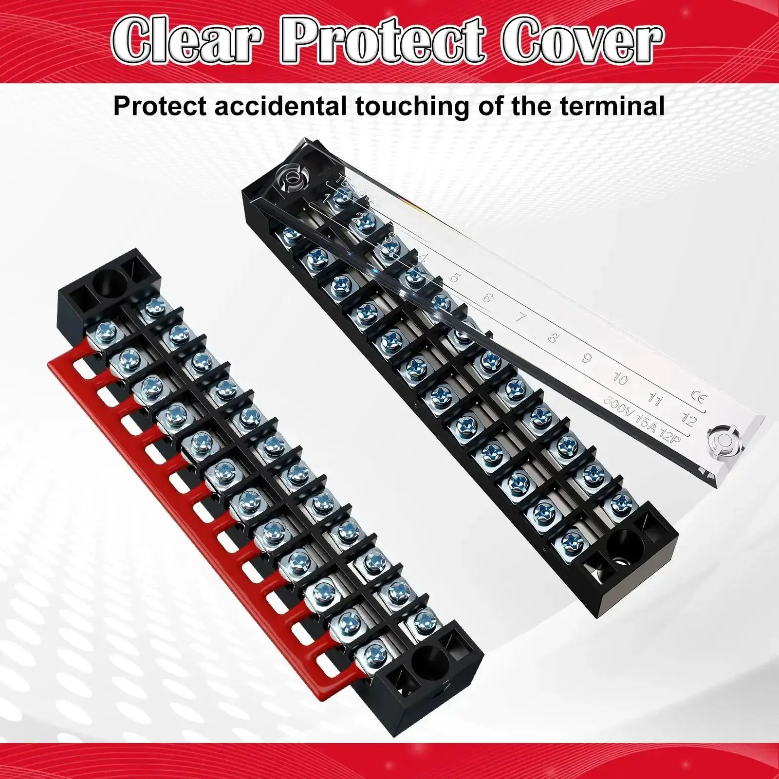 20 Pcs 10 Sets Terminal Block 12 Position Dual Row 15A 600V Screw Terminal Strip With Cover And 12 Position Pre Insulated Terminals Barrier Strips Jumpers Black And Red For DIYers - Image 3